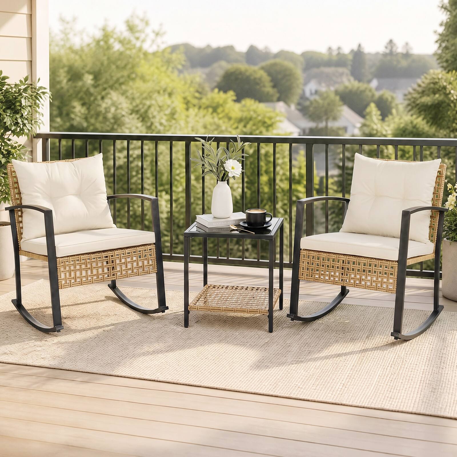 Alt View 3. Costway - Costway 3PCS Outdoor Conversation Sets Rocking Chair Set with 2 Chairs 2-Tier Glass-Top Coffee Table Cushions - White.