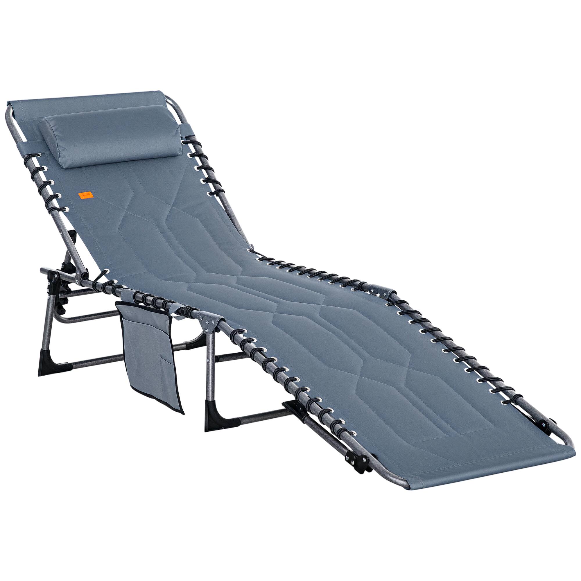Front. Outsunny - Padded Folding Chaise Lounge Chair, Outdoor 6-Level Reclining Camping Tanning Chair with Headrest for Beach, Yard - Grey.