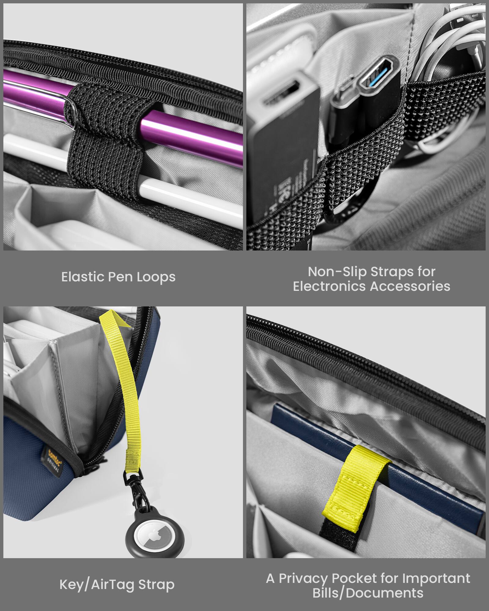Elastic Pen Loops, Non-Slip Straps for Electronics Accessories, Key/AirTag Strap, Privacy Pocket for Important Bills/Documents.
