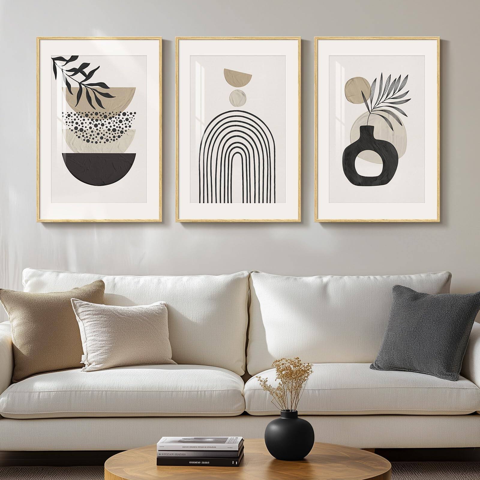 Front. Hirose Alice - Framed Mid-century Modern Canvas Prints Paintings Artwork for Walls Bright Yellow Block Lines Pictures for - Boho-Beige 16" W x 24" H x 3Pcs.