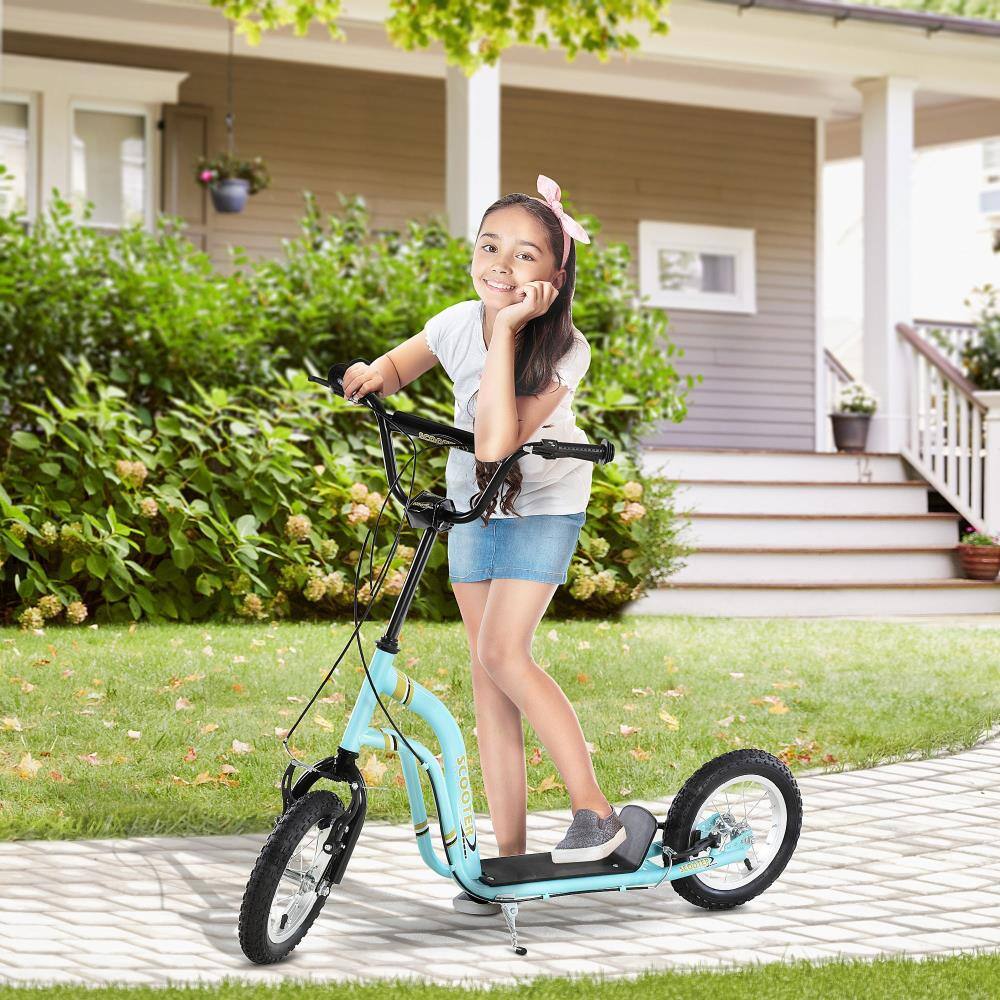 Angle. BreeBe - Youth Scooter Front and Rear Caliper Dual Brakes 12-Inch Inflatable Front Wheel Ride On Toy For Age 5+ - Blue.