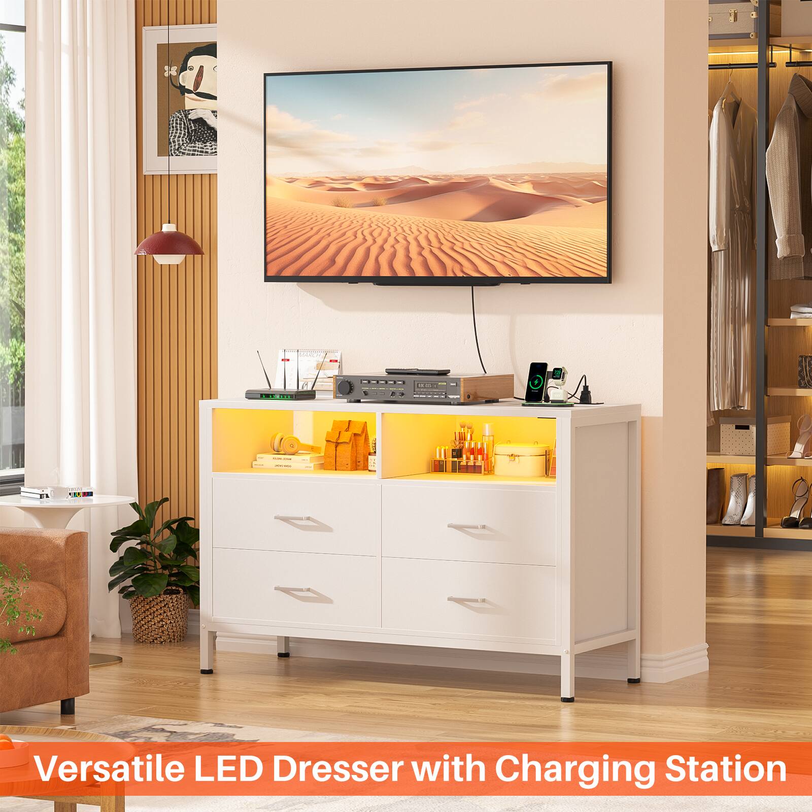 Versatile LED Dresser with Charging Station