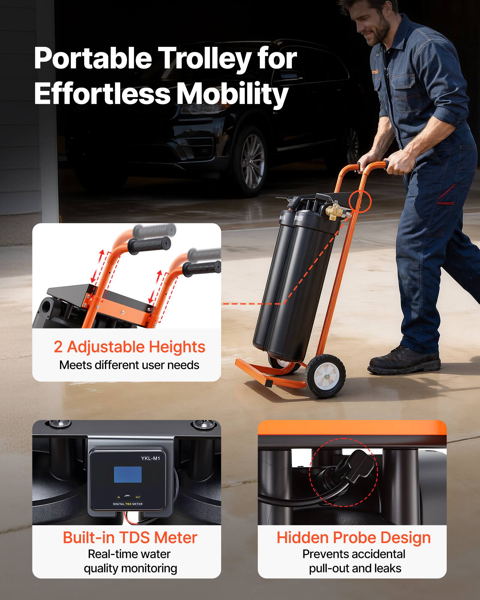 Portable Trolley for Effortless Mobility

2 Adjustable Heights  
Meets different user needs

Built-in TDS Meter  
Real-time water quality monitoring

Hidden Probe Design  
Prevents accidental pull-out and leaks