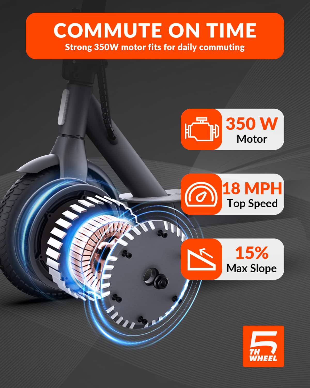COMMUTE ON TIME, Strong 350W motor fits for daily commuting, 350 W Motor, 18 MPH Top Speed, 15% Max Slope, 5 TH WHEEL