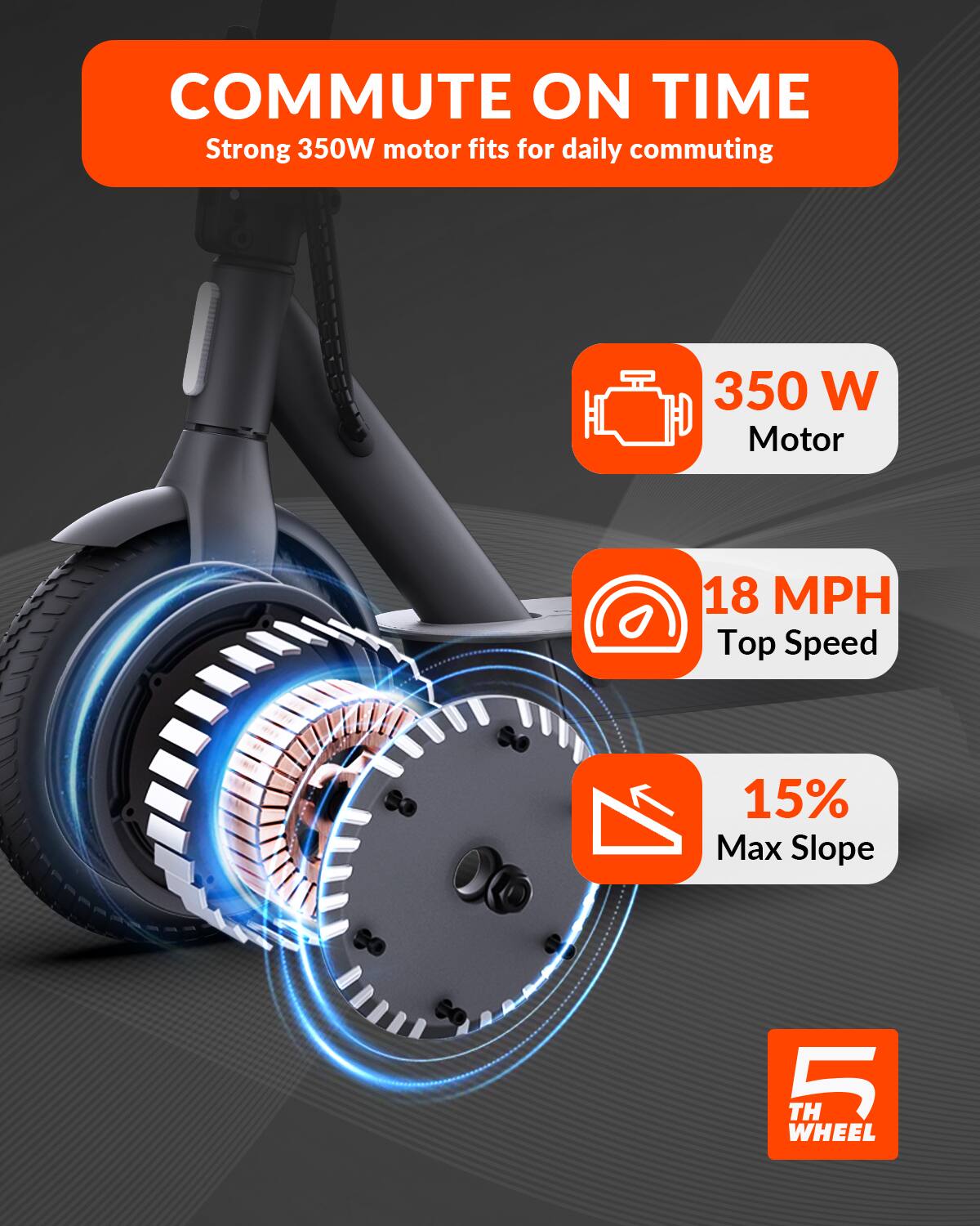COMMUTE ON TIME, Strong 350W motor fits for daily commuting, 350 W Motor, 18 MPH Top Speed, 15% Max Slope, 5 TH WHEEL