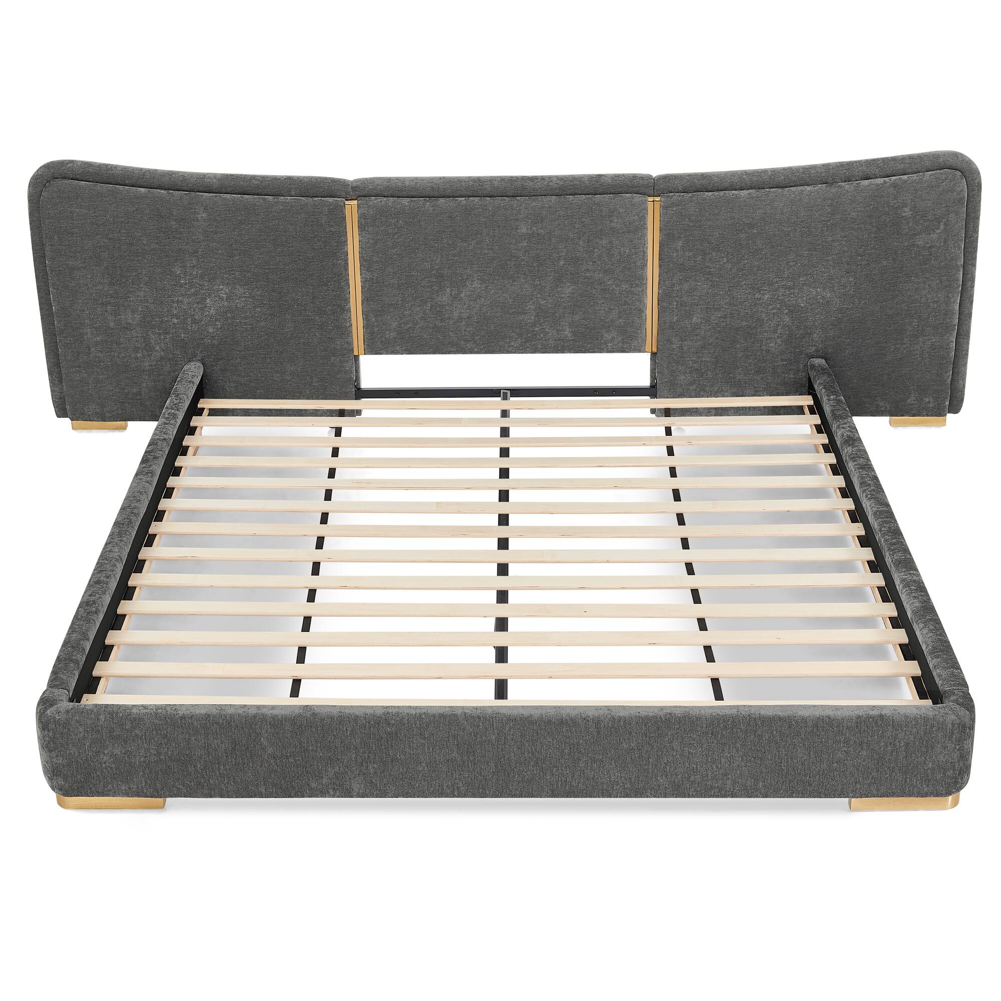 Left. Whisen - Upholstered Platform Bed,Soft Chenille Fabric Frame with Curved Headboard & Metal Legs - Dark Gray.