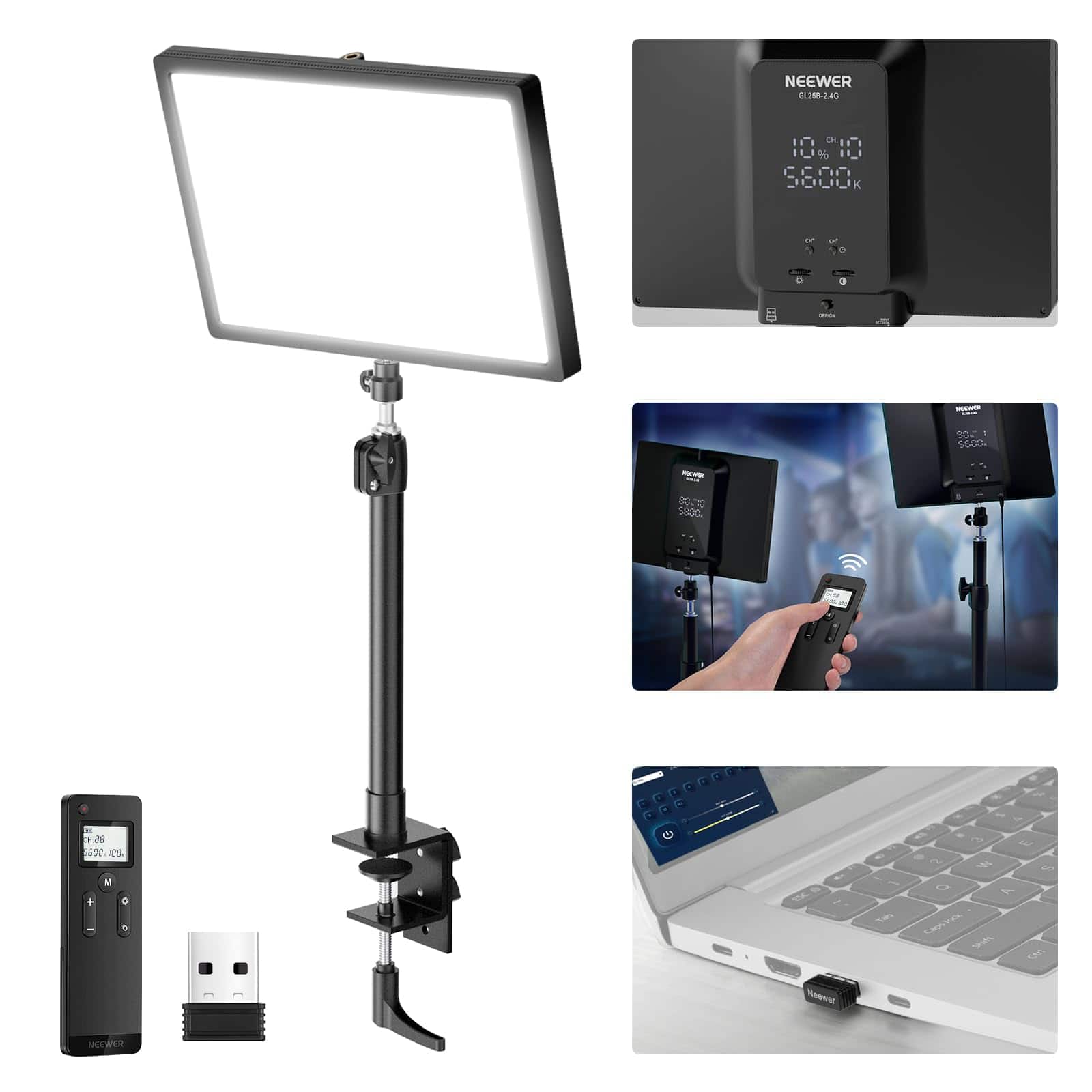 Neewer - 25W Streaming Key Light with Desk Stand - APP/Remote Control Edge Lit Panel for Zoom & Webcam