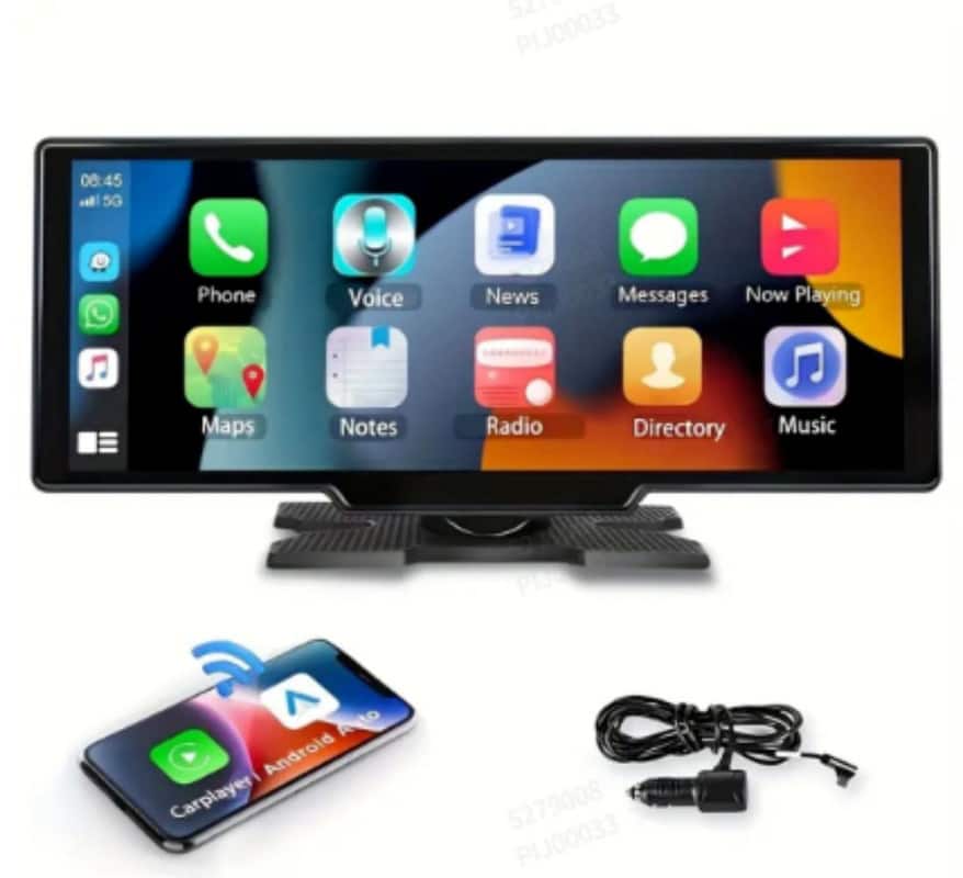 Wrightmaster - 10.62" Android Auto & Apple CarPlay Digital Media Receiver with HD Rear Camera, Parking Guidelines & On-Dash Holder - Black