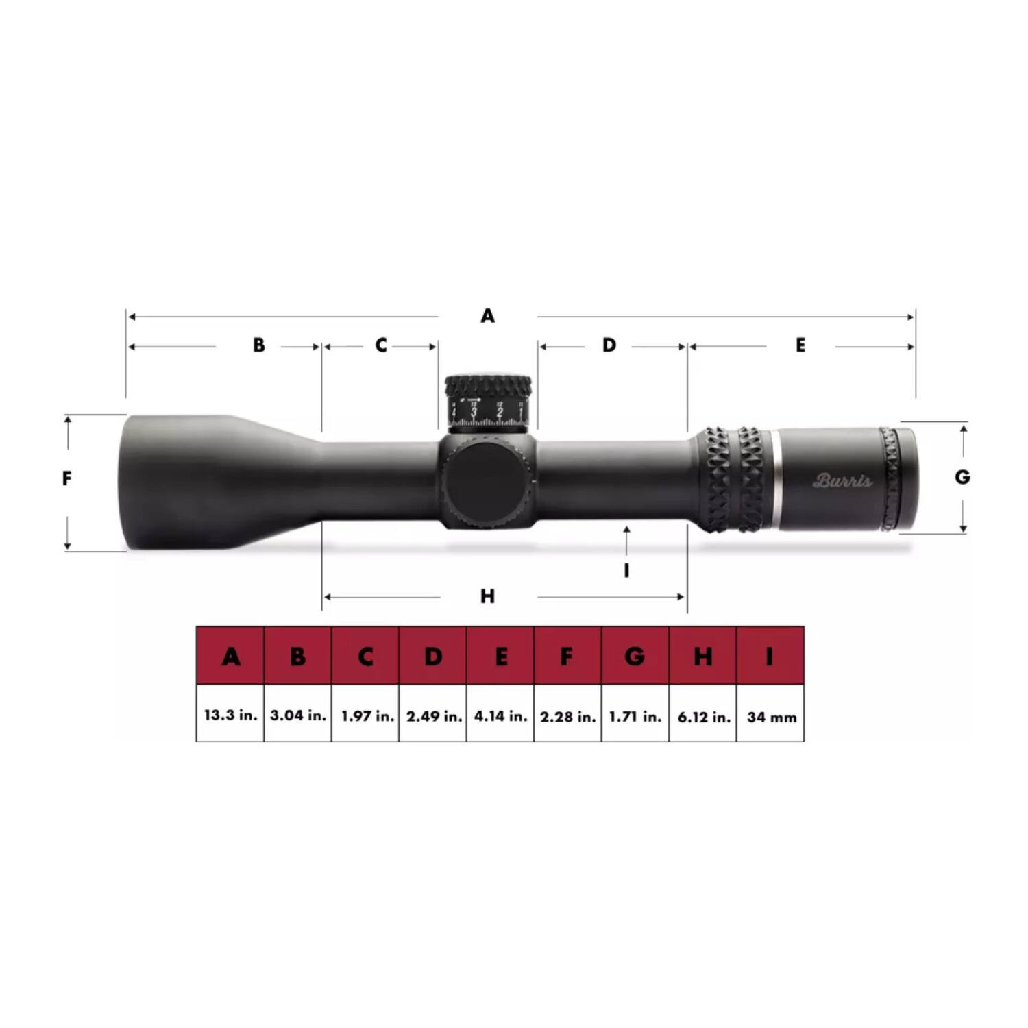 A . 13.3 in.  
B . 3.04 in.  
C . 1.97 in.  
D . 2.49 in.  
E . 4.14 in.  
F . 2.28 in.  
G . 1.71 in.  
H . 6.12 in.  
I . 34 mm