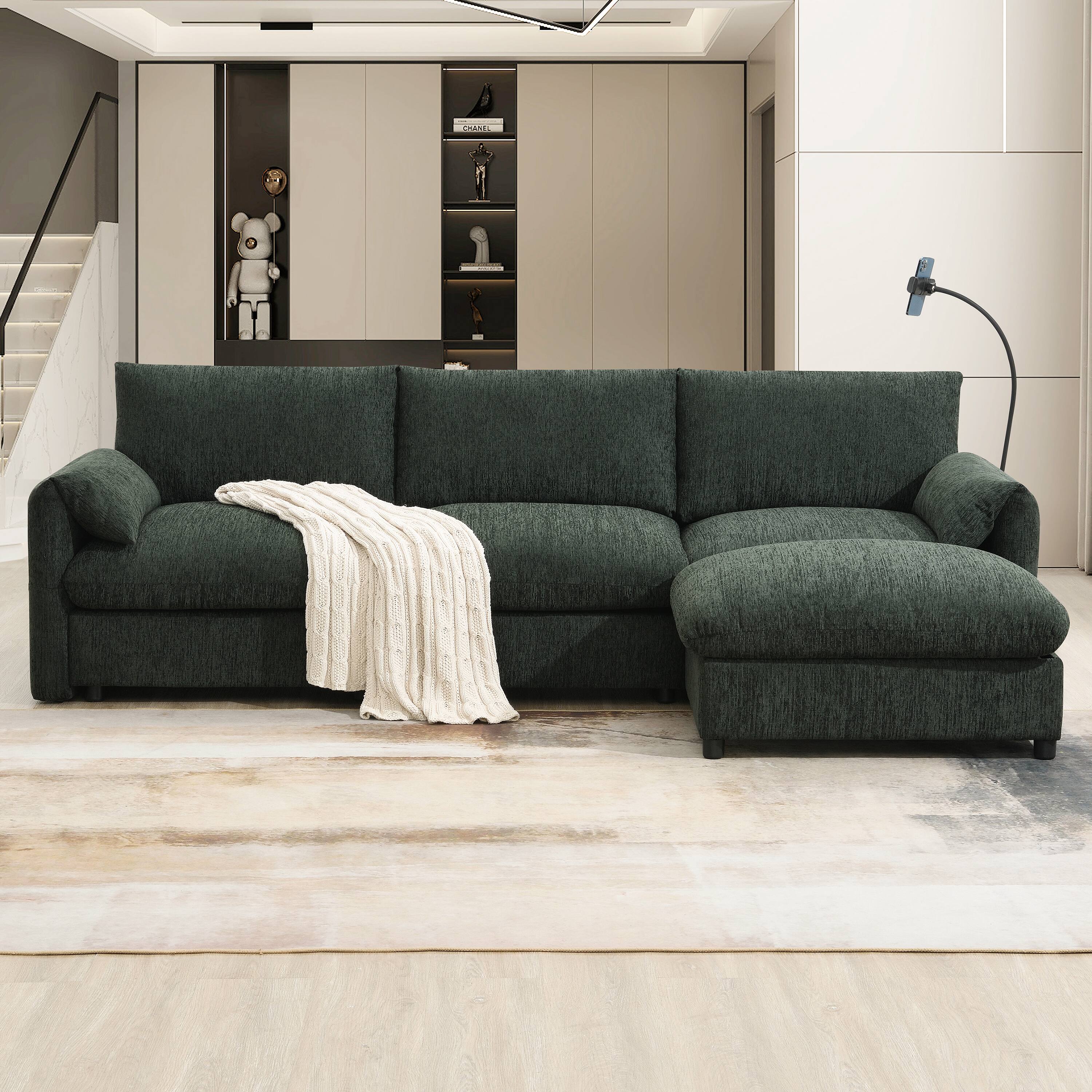 Angle. Whisen - 96.5" L-Shaped Chenille Sectional Sofa with Storage Ottoman & USB for Living Room - Green.