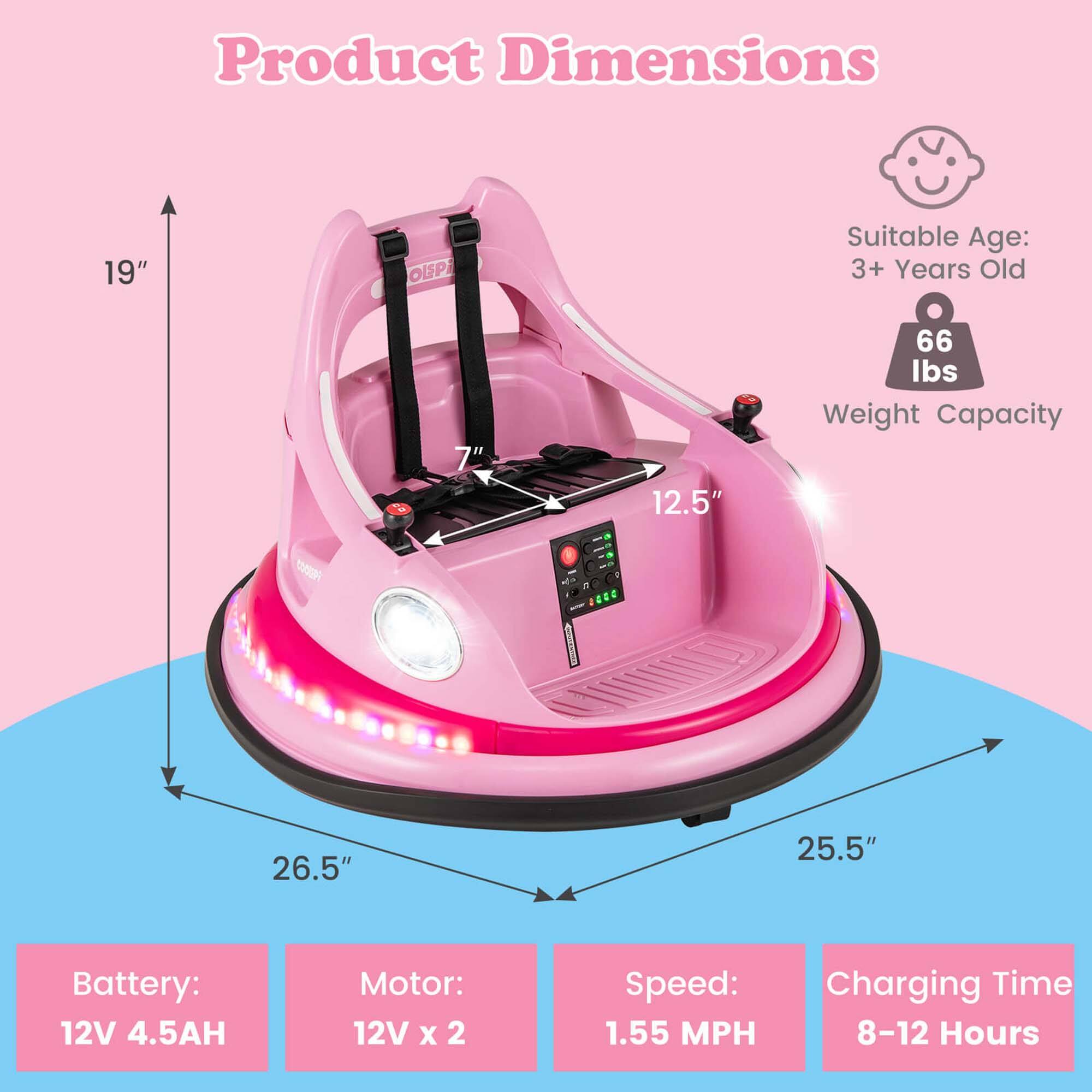 Product Dimensions: 19" x 7" x 12.5" x 26.5" x 25.5"  
Suitable Age: 3+ Years Old  
Weight Capacity: 66 lbs  
Battery: 12V 4.5AH  
Motor: 12V x 2  
Speed: 1.55 MPH  
Charging Time: 8-12 Hours
