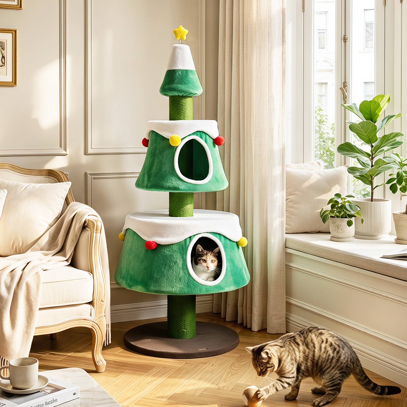 Alt View 1. Costway - Costway 61.5" Cat Christmas Tree with 2 Large Condos, Natural Jute Scratching Posts - Green + White + Brown.