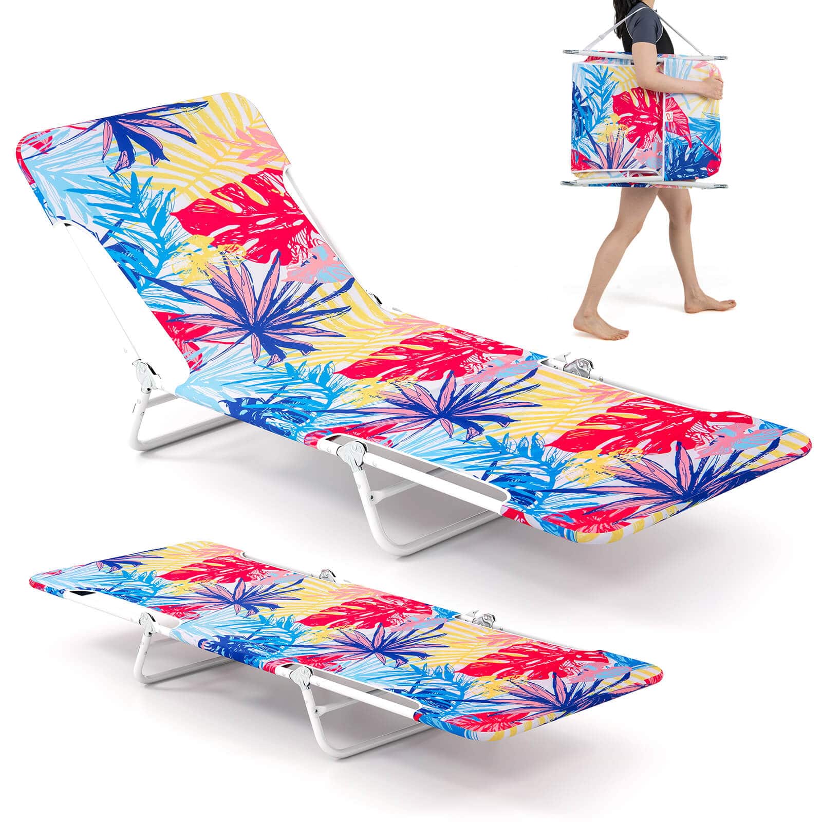 Costway - 2 PCS Outdoor Folding Chaise Lounge 5-position Lay Flat Beach Recliner - Multicolor