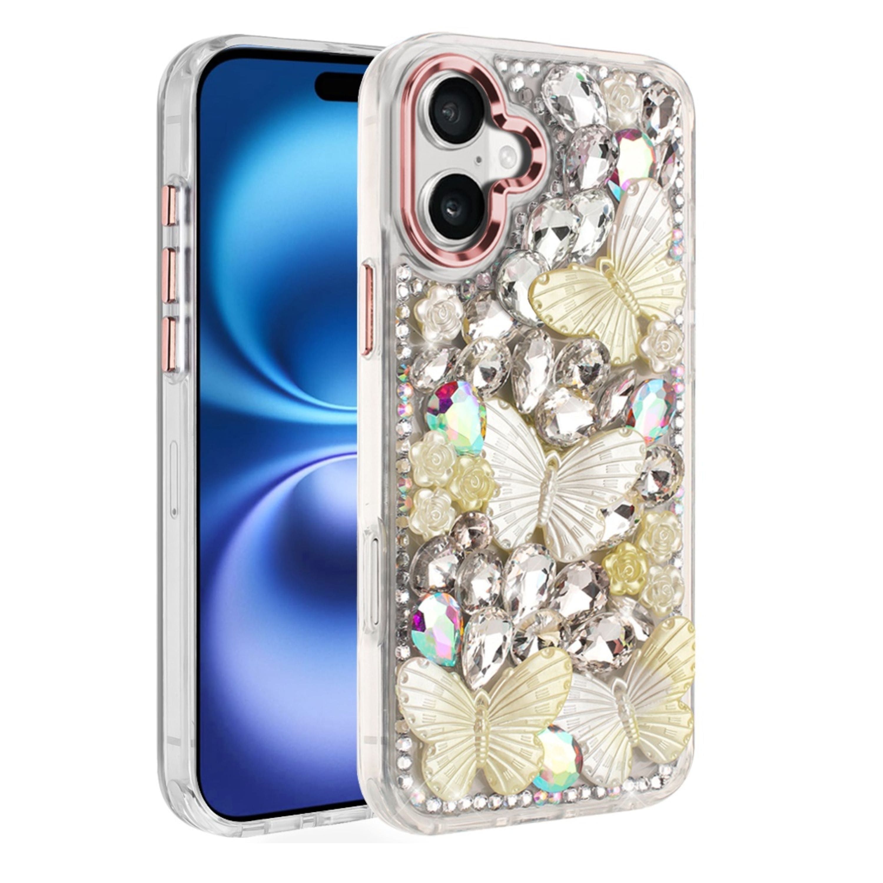 Kitcheniva - Bling Faux Diamond Large Butterflies Cover Plus Tempered Glass For iPhone 17 - Rose Gold price history on PriceWatchPro