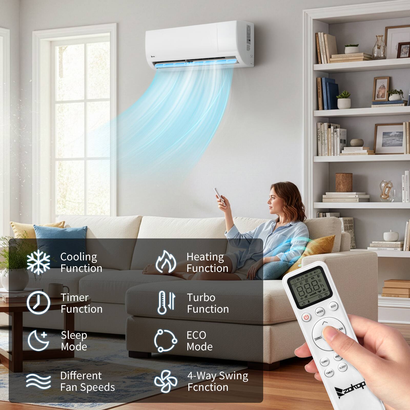 - Cooling Function
- Heating Function
- Timer Function
- Turbo Function
- Sleep Mode
- ECO Mode
- Different Fan Speeds
- 4-Way Swing Function