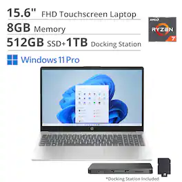 HP - 15.6" FHD Touchscreen Laptop,AMD Ryzen 7 7730U,8GB RAM,512GB SSD+1TB Dock Set,AMD Radeon Graphics,Win 11 Pro - Silver