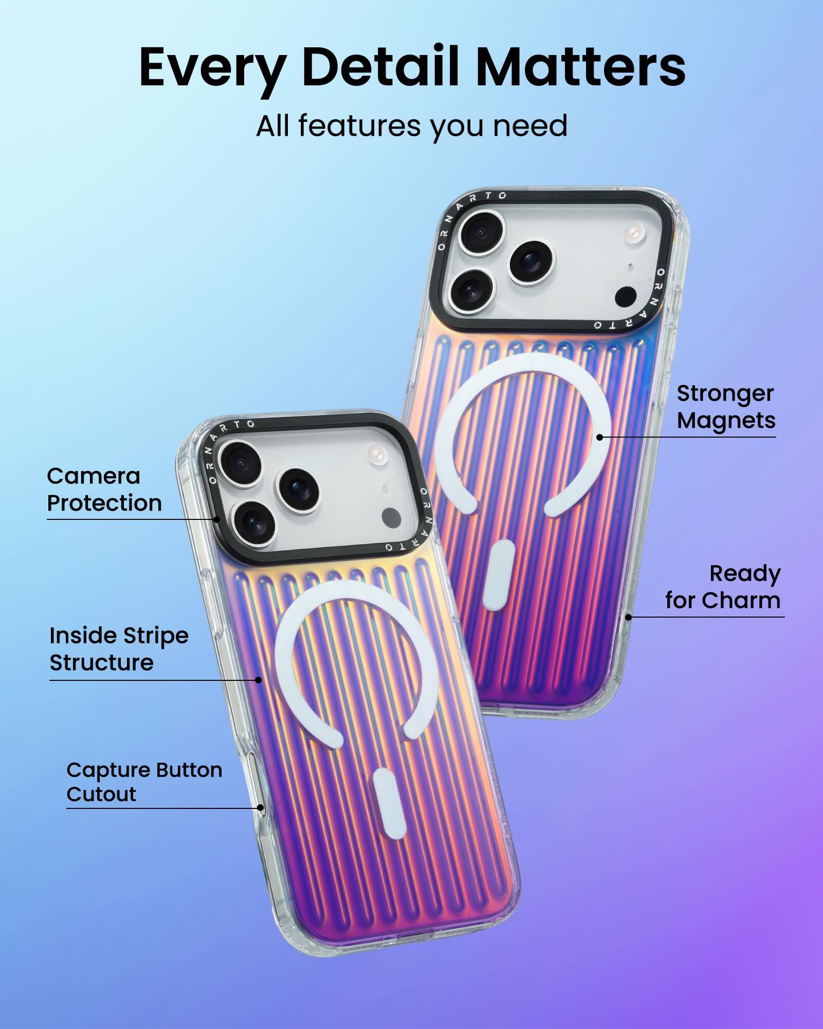 Every Detail Matters  
All features you need  

- Camera Protection  
- Inside Stripe Structure  
- Capture Button Cutout  
- Stronger Magnets  
- Ready for Charm