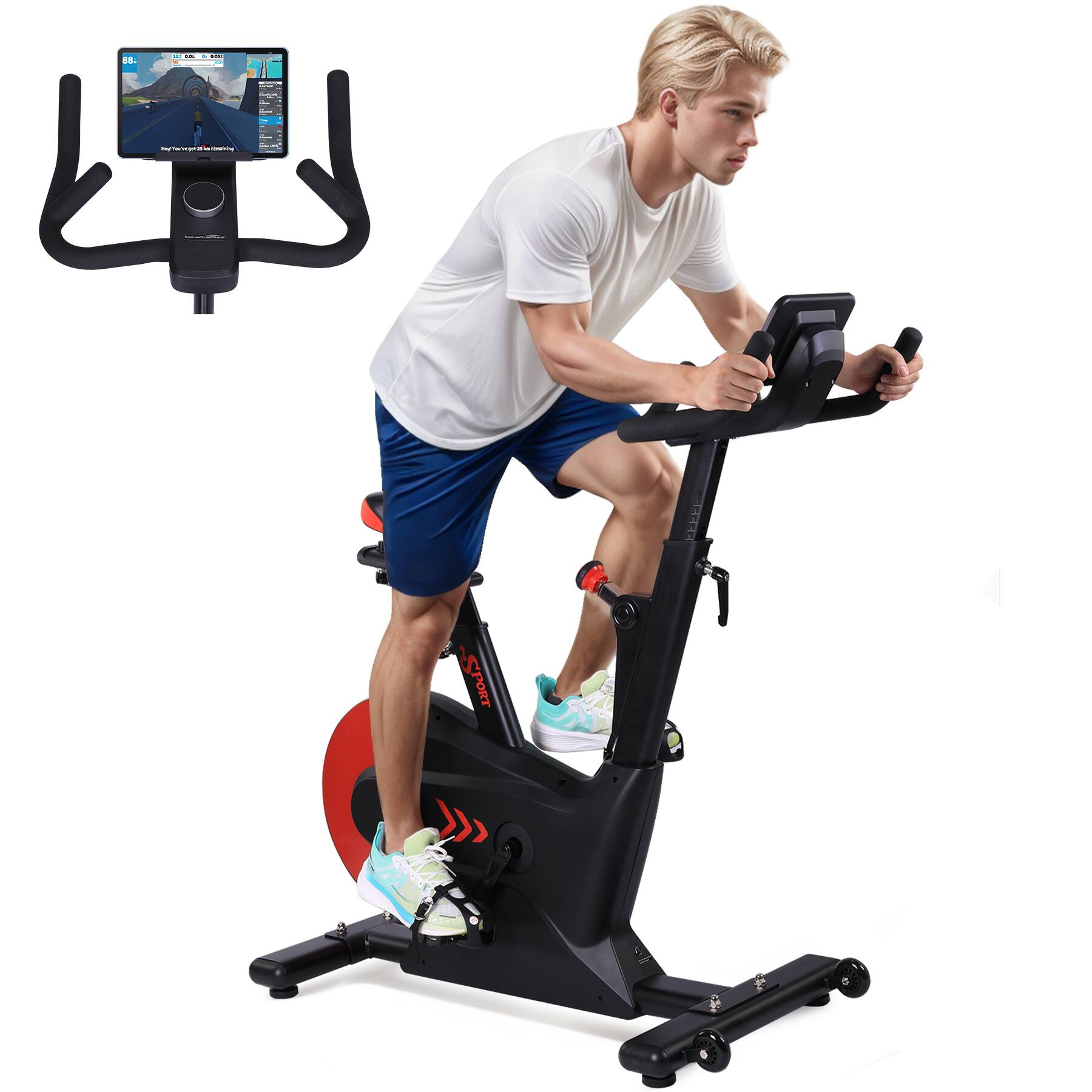 Front. TROPOW - Digital Monitor Exercise Bike, Smooth Rear Flywheel Stationary Bike  - Red and black.