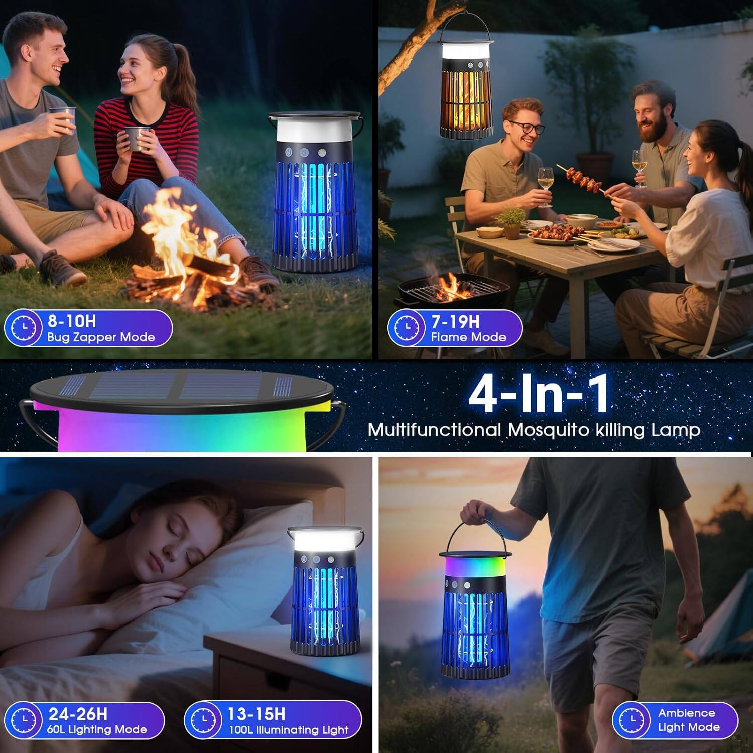 8-10H Bug Zapper Mode  
7-19H Flame Mode  
24-26H 60L Lighting Mode  
13-15H 100L Illuminating Light  
Ambience Light Mode  

4-In-1 Multifunctional Mosquito Killing Lamp