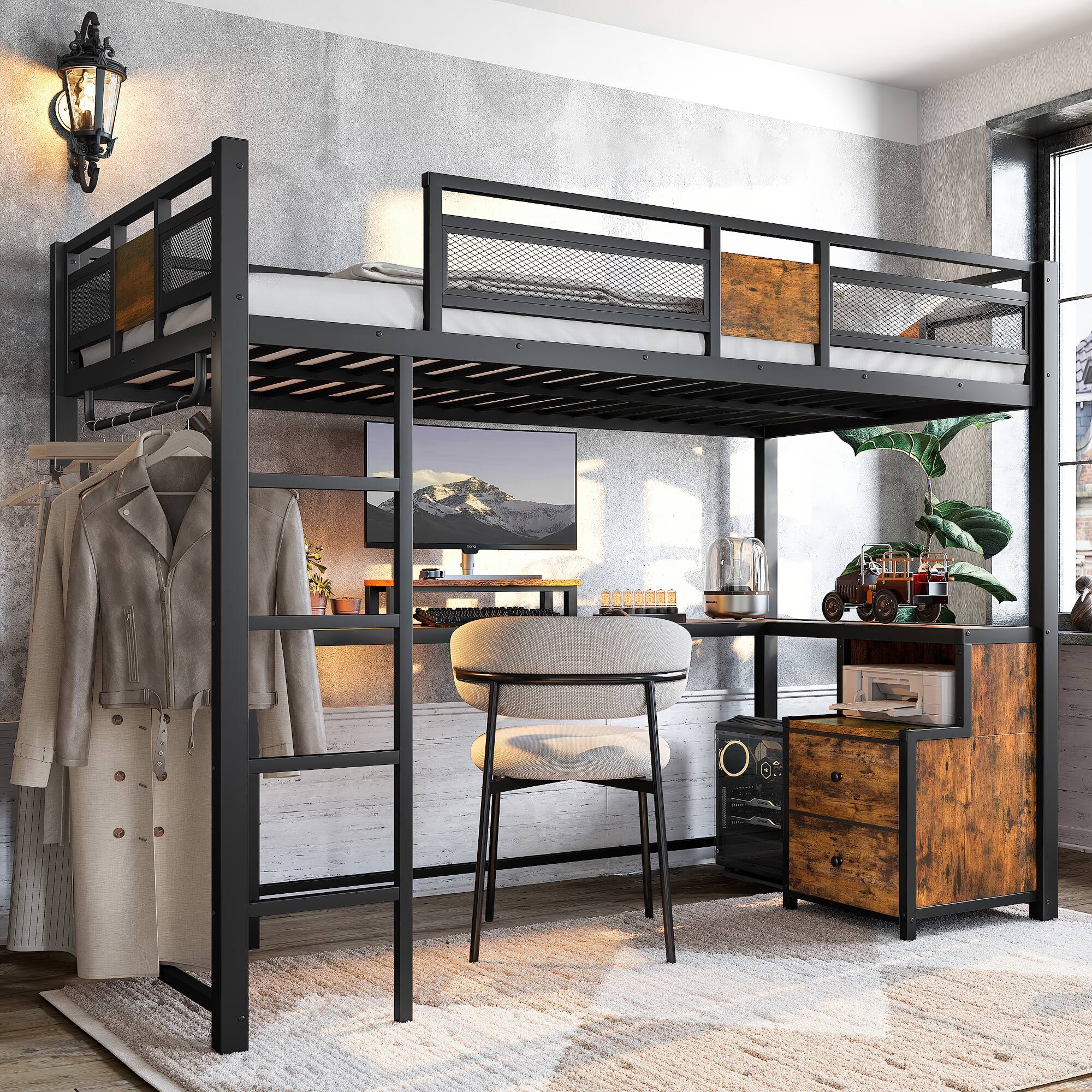 Angle. Anysun - Twin XL Loft Bed w/ Desk, Fabric Drawers, Metal Frame, Ladders, Noise-Free, No Box Spring Needed - Black.