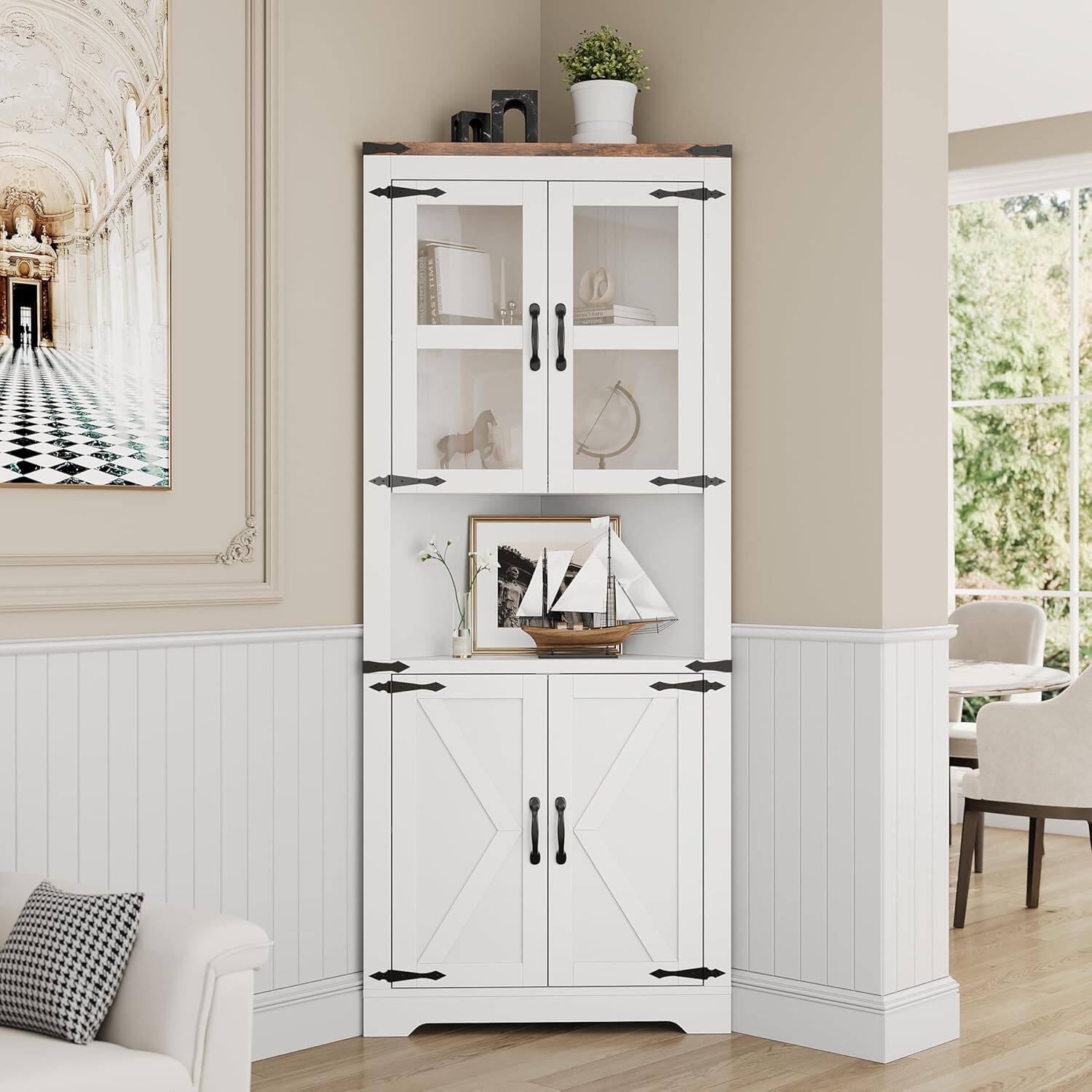 Alt View 4. Jojoka - 67inch Tall Corner Storage Cabinet with Lights Farmhouse Corner Hutch Display Cabinet with Glass Doors - White.