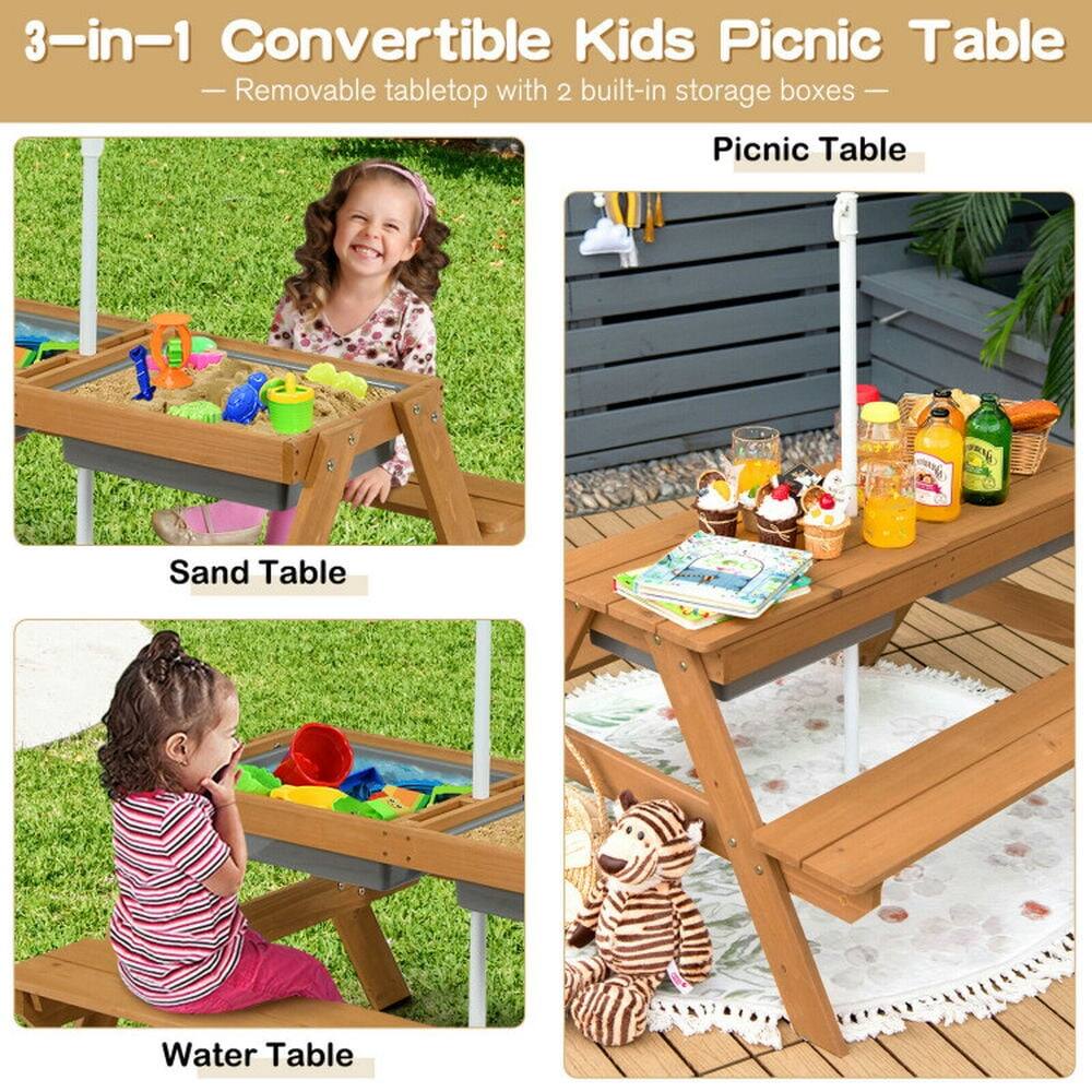 3-in-1 Convertible Kids Picnic Table  
- Removable tabletop with 2 built-in storage boxes  

Picnic Table  
Sand Table  
Water Table