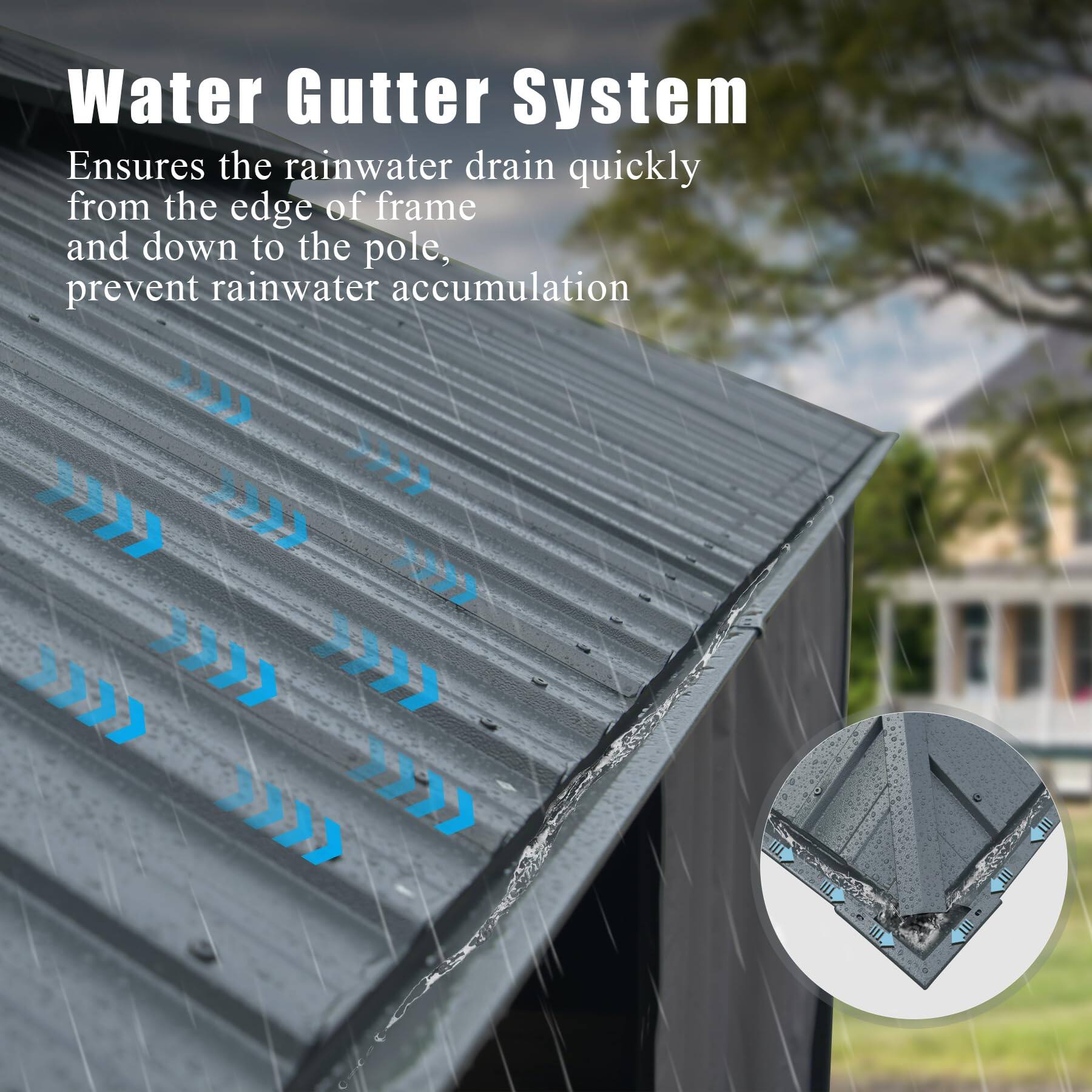 Water Gutter System  
Ensures the rainwater drain quickly from the edge of frame and down to the pole, prevent rainwater accumulation