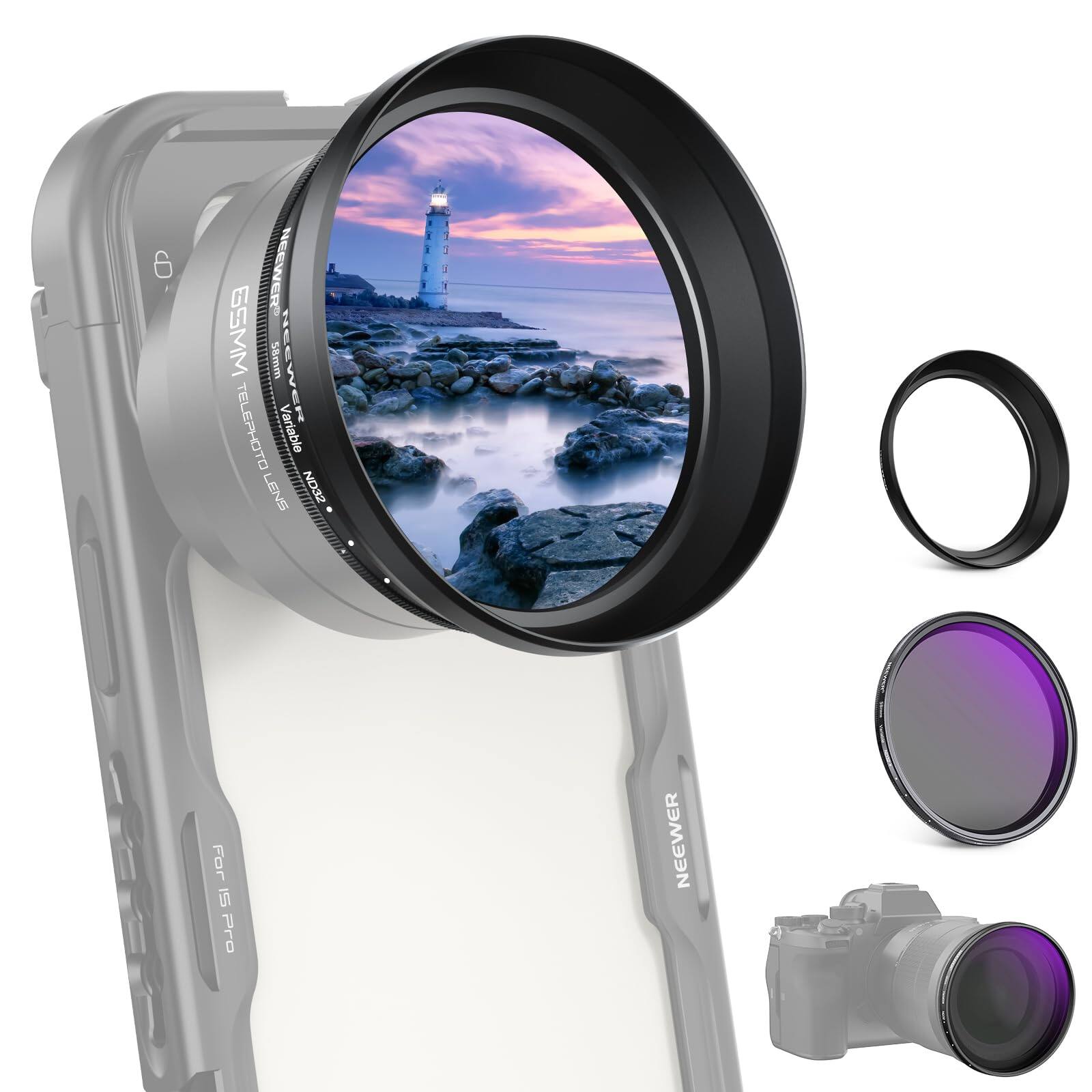 Neewer - 58mm VND ND2-32 + 62mm Hood for Phone Lens