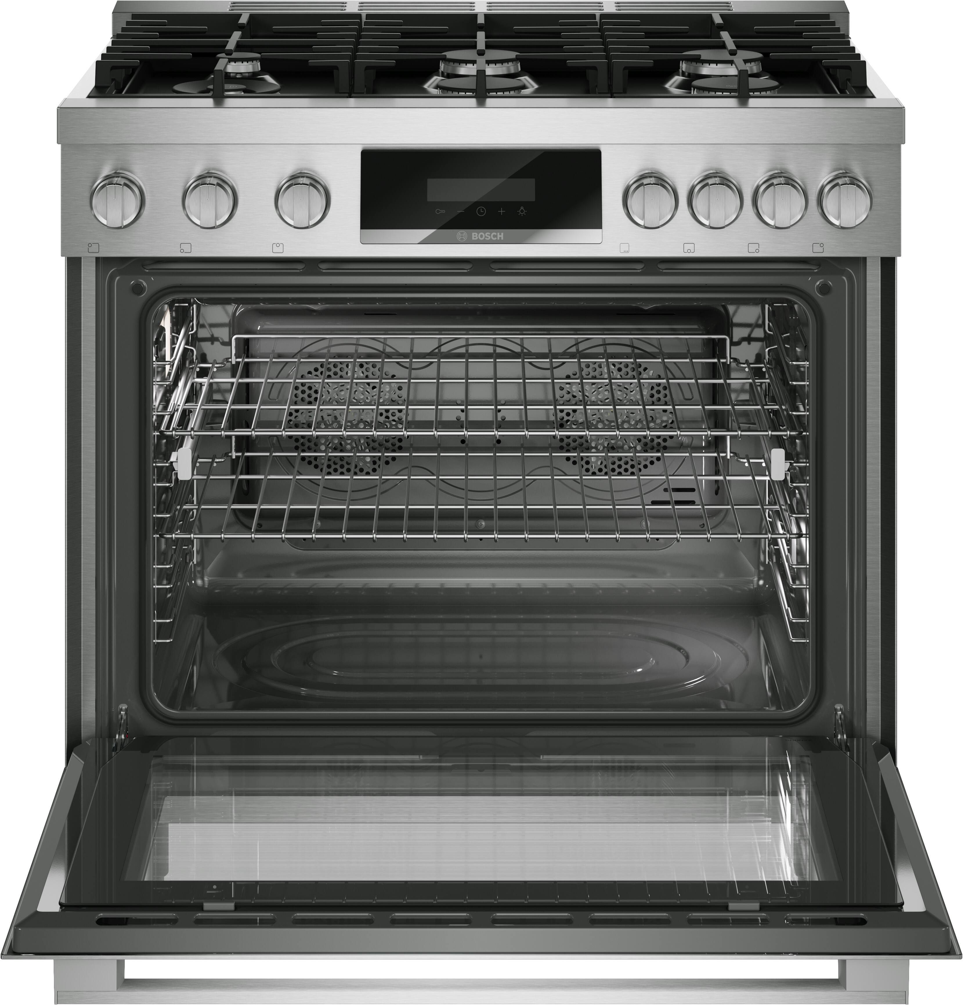 Alt View 1. Bosch - 800 Series 36 in. Wide 3.2 Cu. Ft. Industrial Style Dual Fuel True Convection Range with 6 Burners - Stainless Steel.