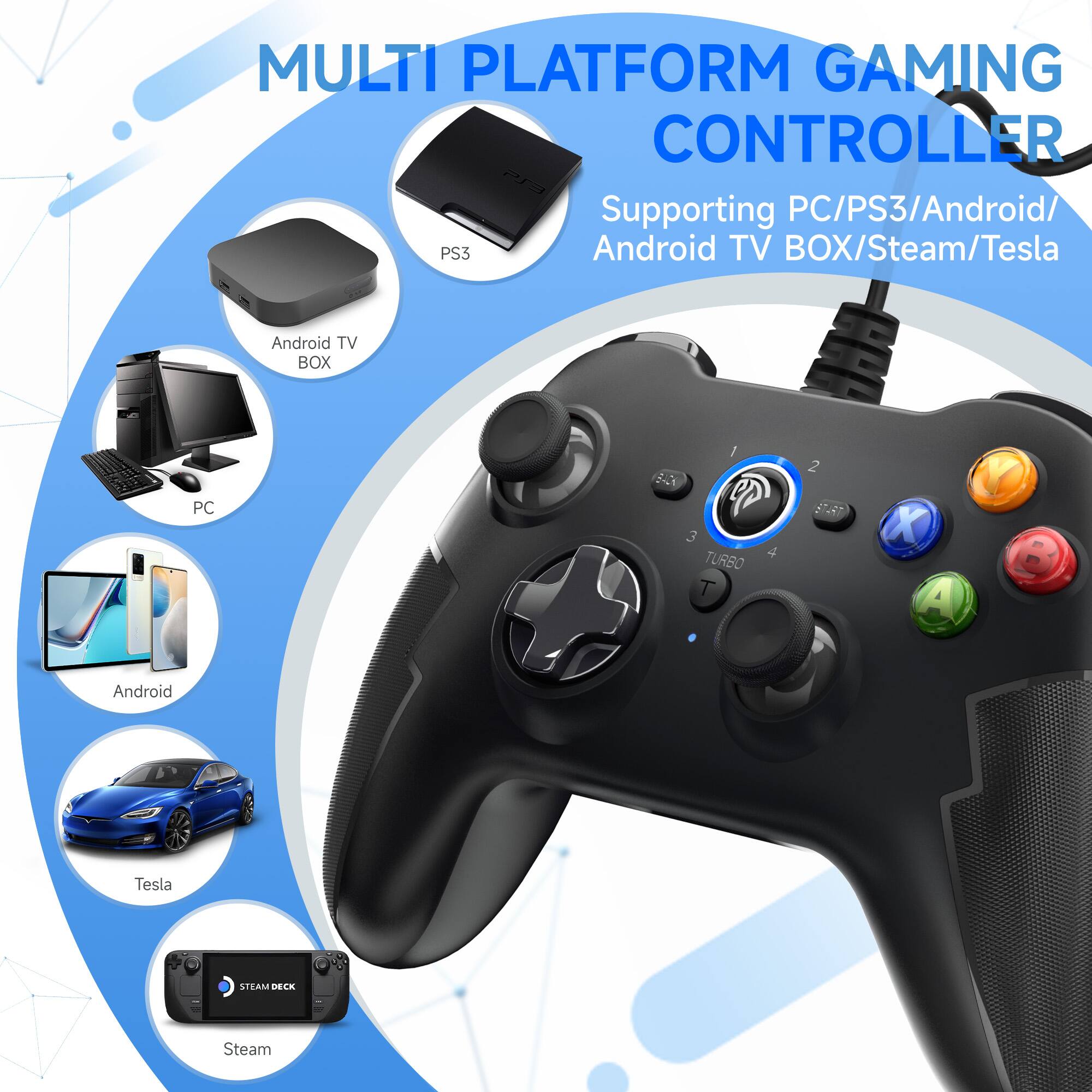 MULTI PLATFORM GAMING CONTROLLER  
Supporting PC/PS3/Android/Android TV BOX/Steam/Tesla  

- PS3  
- Android TV BOX  
- PC  
- Android  
- Tesla  
- Steam DECK  

TURBO T2 T8T8 C X e A