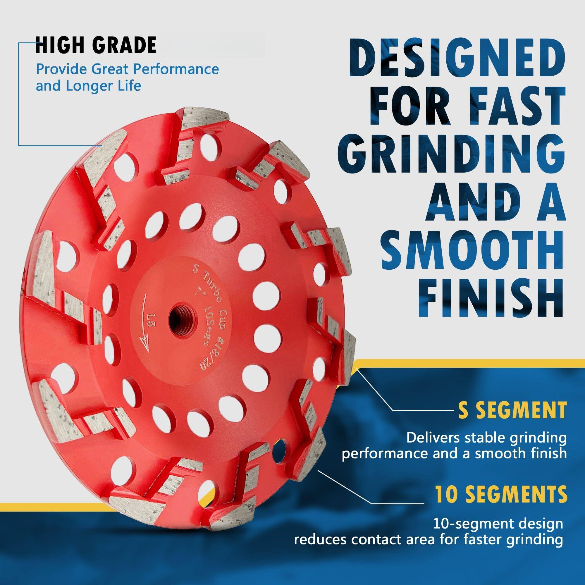 **HIGH GRADE**  
Provide Great Performance and Longer Life

**DESIGNED FOR FAST GRINDING AND A SMOOTH FINISH**

**S SEGMENT**  
Delivers stable grinding performance and a smooth finish

**10 SEGMENTS**  
10-segment design reduces contact area for faster grinding