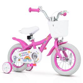 Costway - 12 Inches Girls Bike for 3-8 Years Old with Removable Training Wheels, Front Basket - Pink