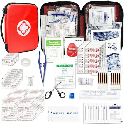 Sure, here is the corrected and grouped text from the image:
---
**First Aid Kit Contents:**
- **Bandage Triangulaire**
- 96cm x 96cm x 138cm
- **Emergency Blanket**
- 140 x 160 cm
- **Burn Dressing**
- 10 x 10 cm
- **Instant Pack**
- Emergency Blanket
- **Wooden Tongue Depressor**
- Sterile
- **Soap Wipe**
- For external use only
- **Sterile Gauze Swab**
- 2 x 2" x 4" x 4"
- **Bandage**
- 4" x 4"
- **Bandage**
- 3" x 3"
- **Bandage**
- 2" x 2"
- **Bandage**
- 1" x 1"
- **Bandage**
- 1" x 1"
- **Bandage**
- 1" x 1"
- **Bandage**
- 1" x 1"
- **Bandage**
- 1"