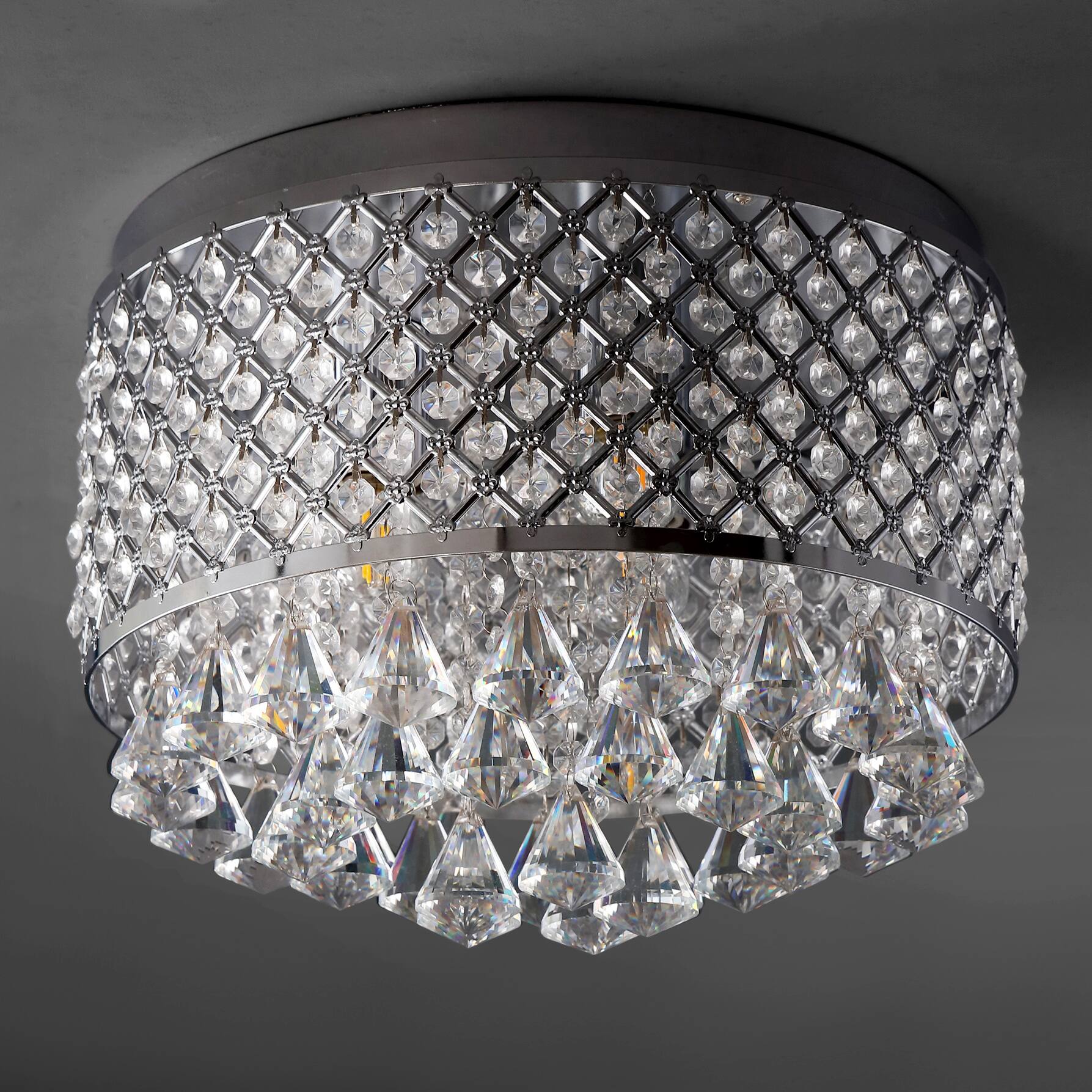 Alt View 4. Jonathan Y - Evelyn 14.7" 3-Light Crystal Drops/Metal LED Flush Mount, Chrome - Chrome/Clear.