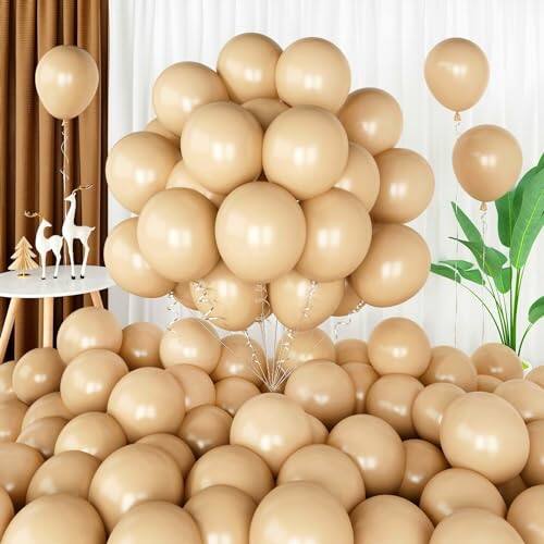 Front. DORLUKFU - Nude Balloons, 12 Inch 60 Pcs Beige Balloons, Retro Apricot Neutral Latex Balloons for Garland Arch, Matte Tan Cream - Nude.