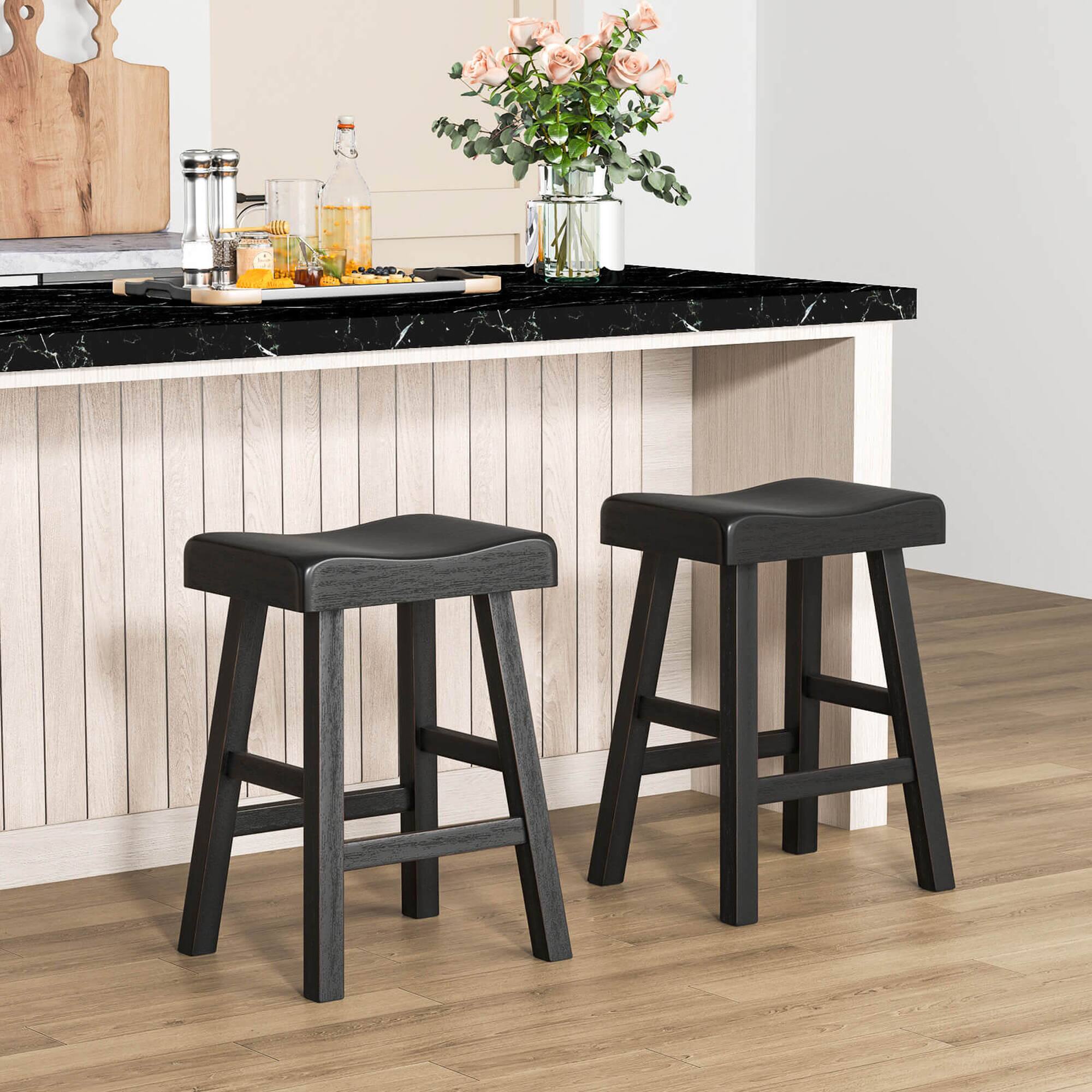 Alt View 1. Costway - 24-Inch Modern Solid Wood Saddle Stools Set of 2 with Curved Seats Footrests - Black.