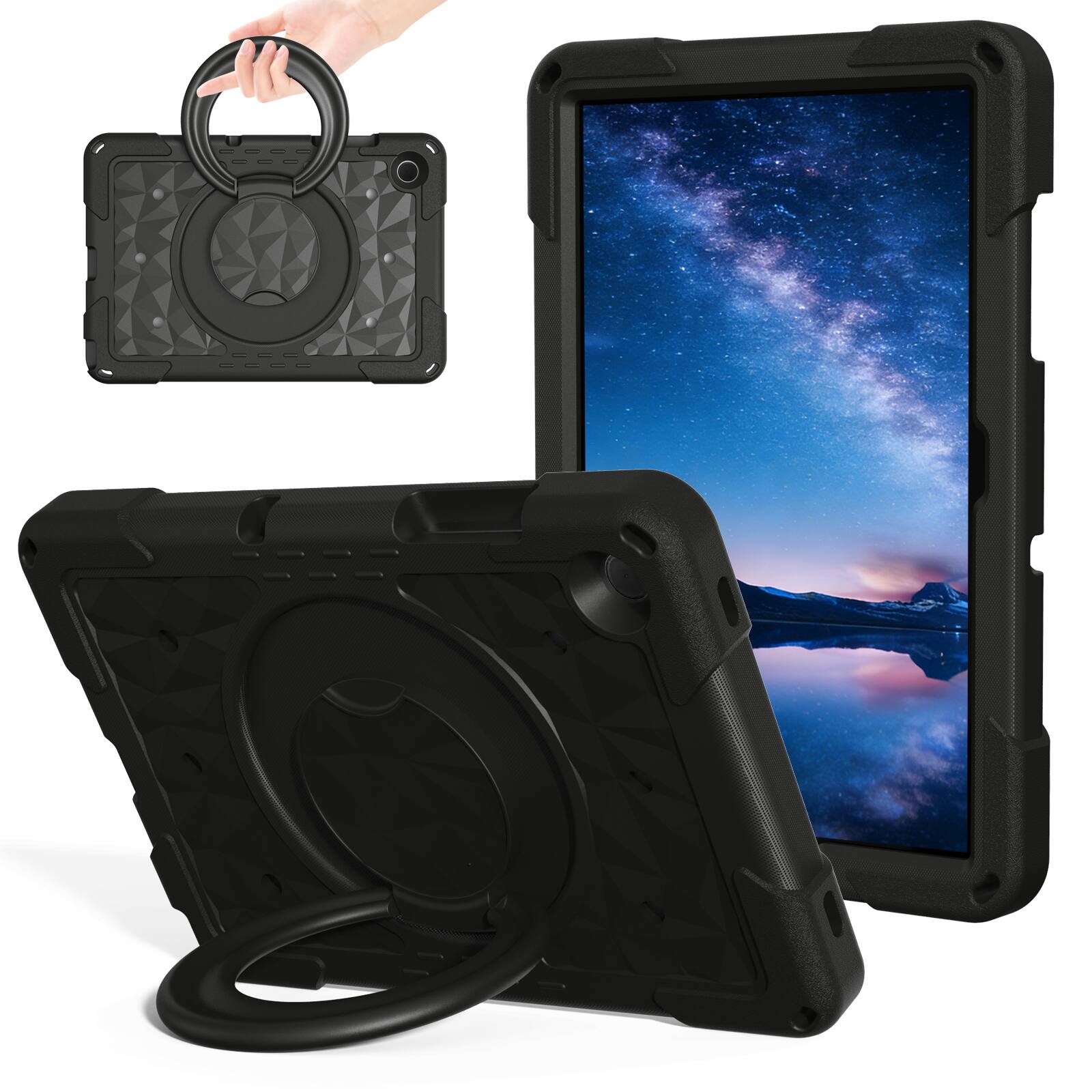 Left. Dteck - For Samsung Galaxy Tab A11 2025/ A9 2023 8.7-Inch Case, Rugged Shockproof 360° Rotating Grip Stand Cover + Strap - Black.