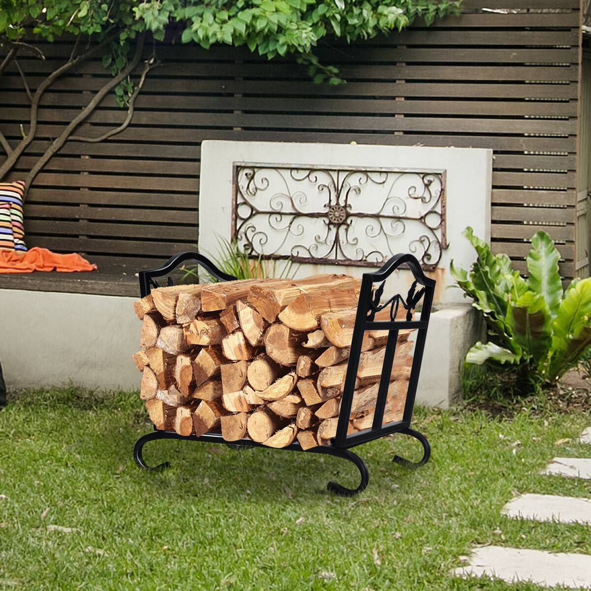 Angle. SKONYON - Foldable Firewood Log Rack with Heavy Duty Steel Frame Indoor and Outdoor Wood Storage - Black.