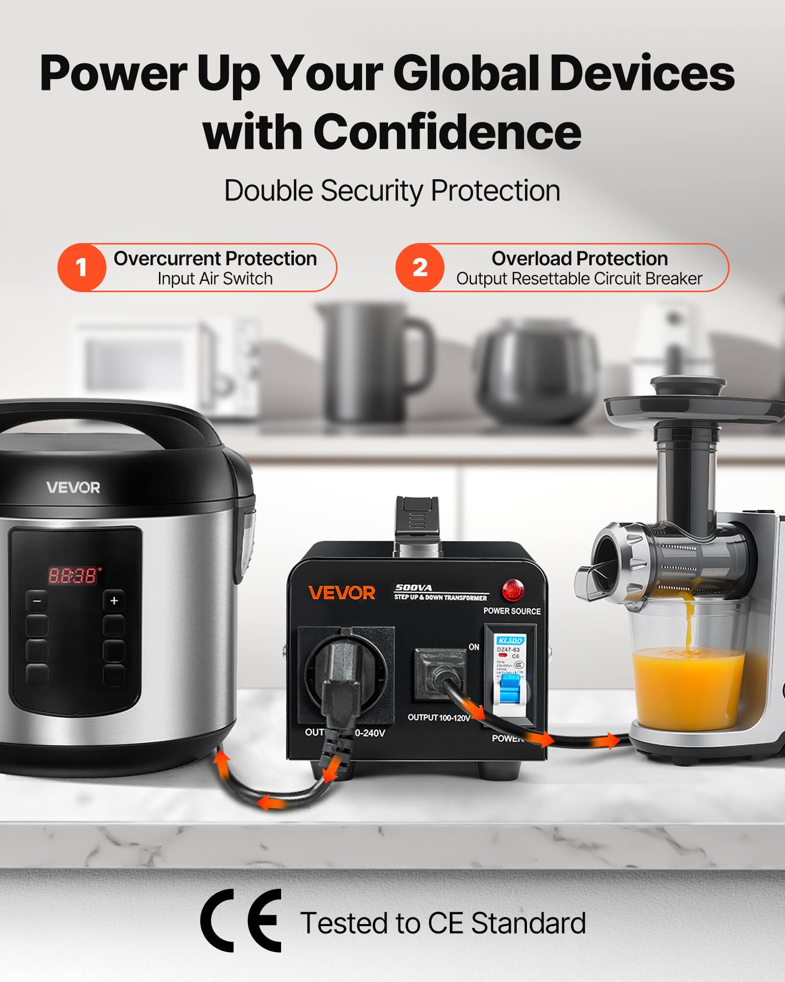 Power Up Your Global Devices with Confidence  
Double Security Protection

1. Overcurrent Protection  
   Input Air Switch

2. Overload Protection  
   Output Resettable Circuit Breaker

VEVOR  
8888 - +  
SODVA VEVOR STEP UP & DOWN TRANSFORMER POWER SOURCE  
ON  
KASDO 0247-63 06  
-  
OUTPUT 100-120V 0-240V POWER  
CE Tested to CE Standard