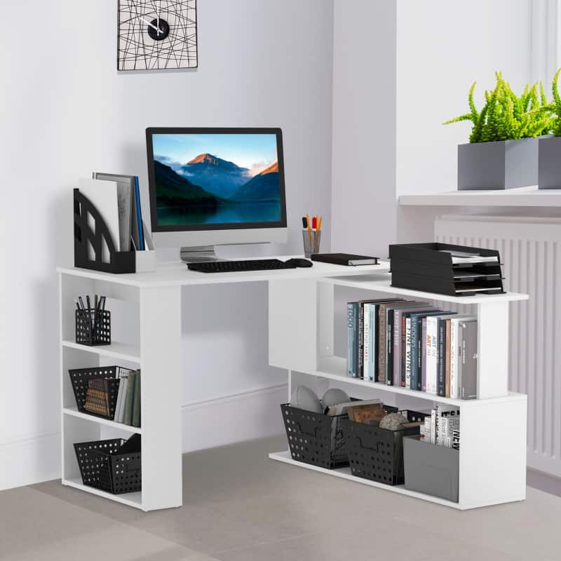 Anysun - 360° Rotating L Shaped Corner Computer Desk with Storage Shelves, Versatile Workstation for Home Office - White