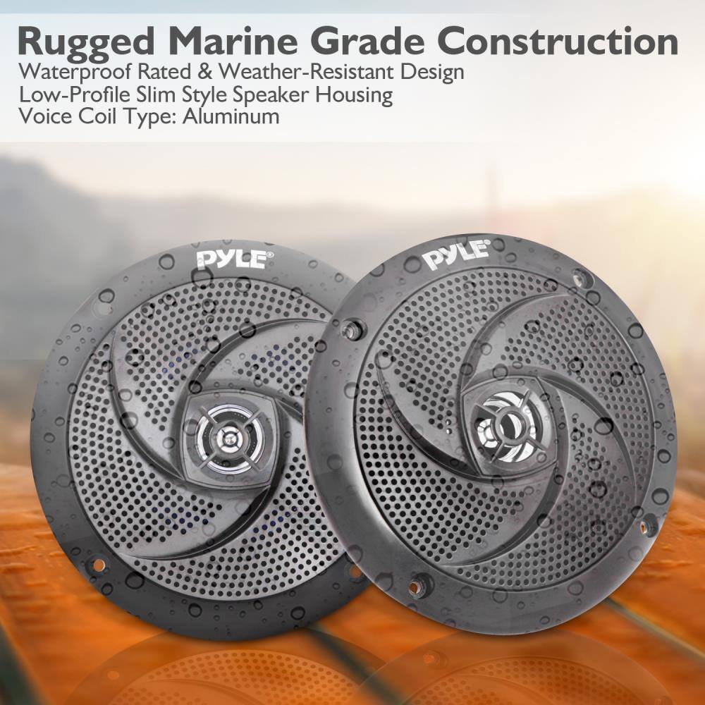 Rugged Marine Grade Construction  
Waterproof Rated & Weather-Resistant Design  
Low-Profile Slim Style Speaker Housing  
Voice Coil Type: Aluminum  

PYLE