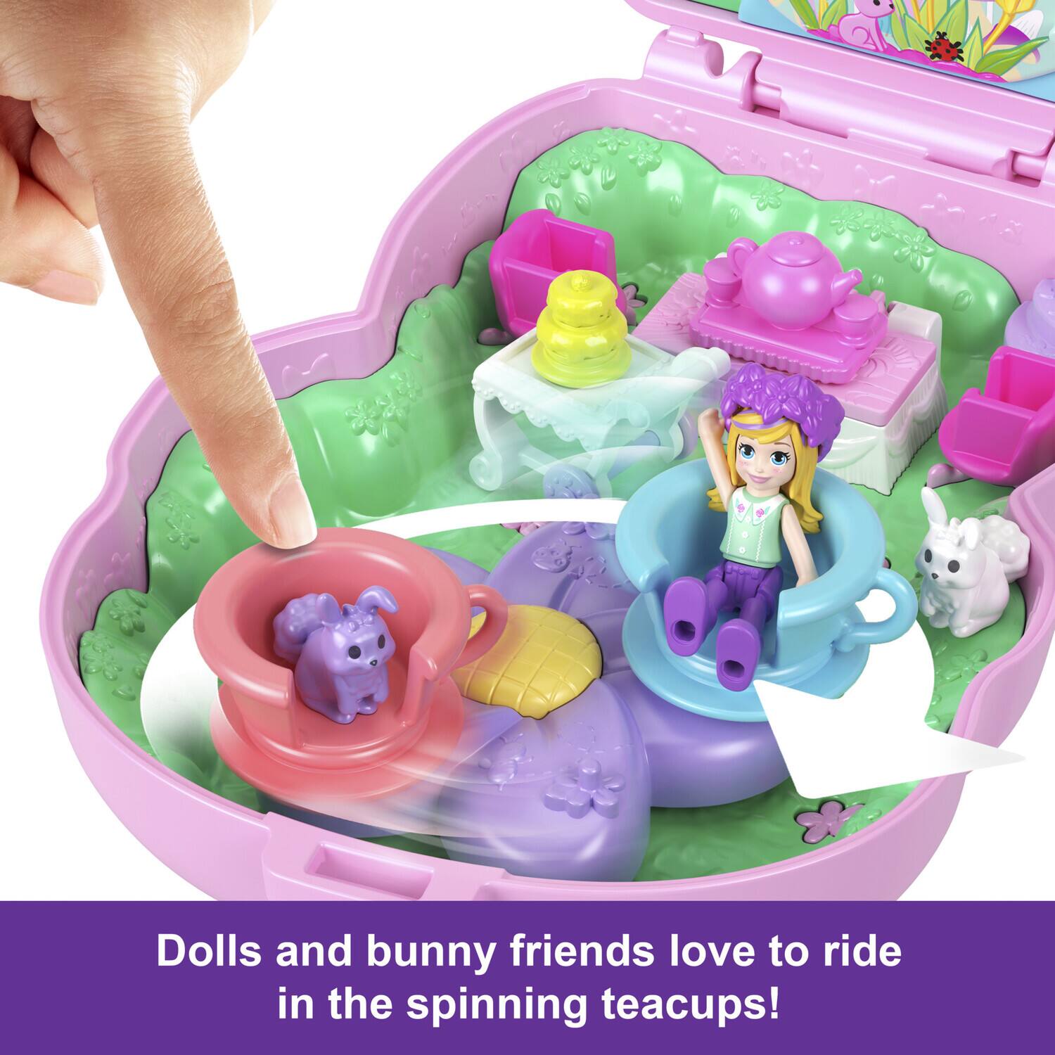 Dolls and bunny friends love to ride in the spinning teacups!