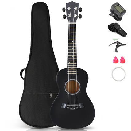 Front. Winado - 23" Mahogany 4-String Soprano Ukulele Kit Includes Gig Bag, Strap, Picks, Strings and Cleaning Cloth - Black.