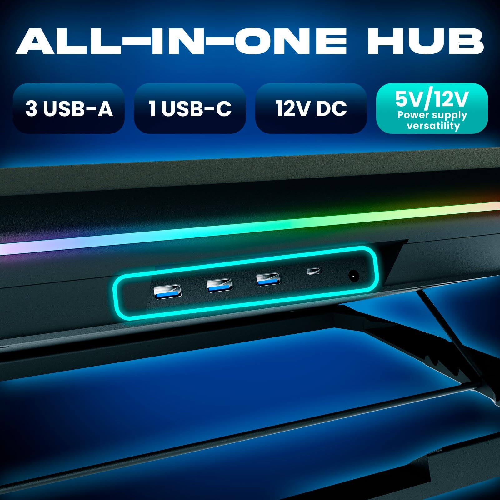 ALL-IN-ONE HUB  
3 USB-A  
1 USB-C  
12V DC  
5V/12V Power supply versatility