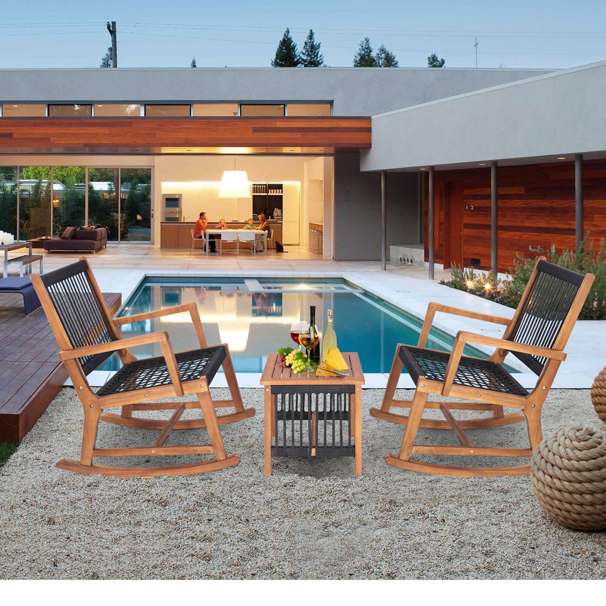 Alt View 2. Costway - Costway 3pcs Patio Acacia Wood Bistro Table Rocking Chair Set All-Weather Rope Outdoor - Black,Natural.