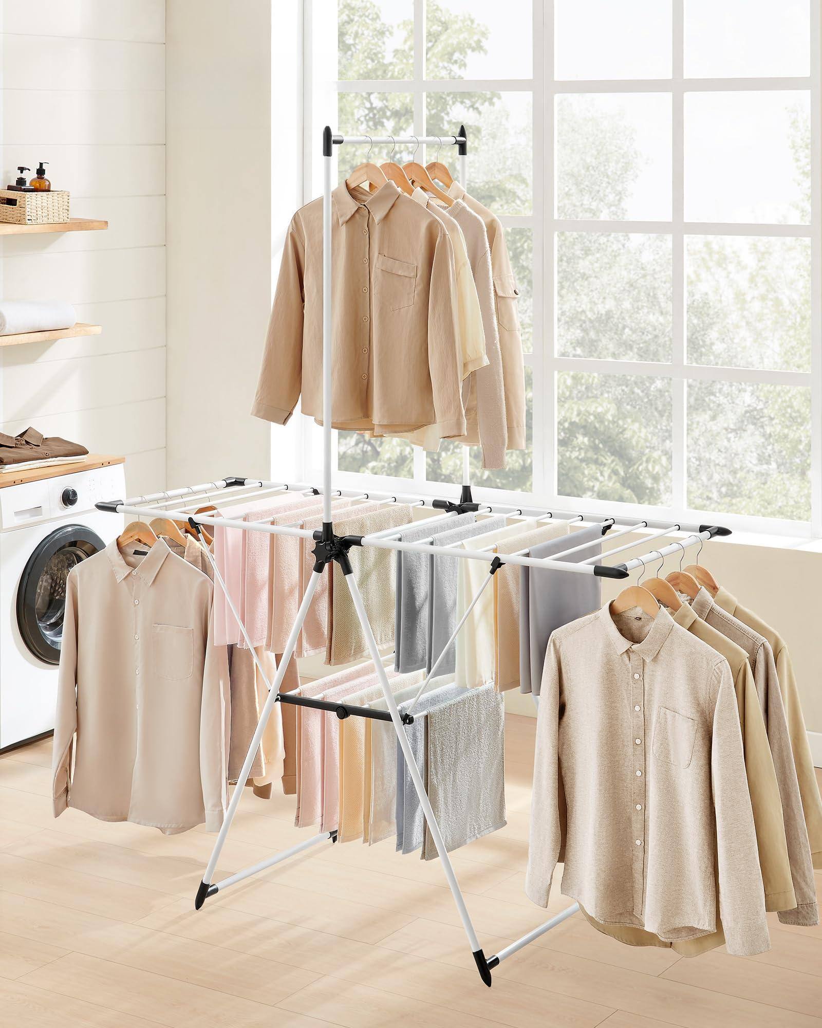 Alt View 1. Hirose Alice - SONGMICS Clothes Drying Rack  2 Level Laundry Drying Rack  Free Standing Airer  1 Additional Tall Hanging Bar - Silver + White 2 Tiers.