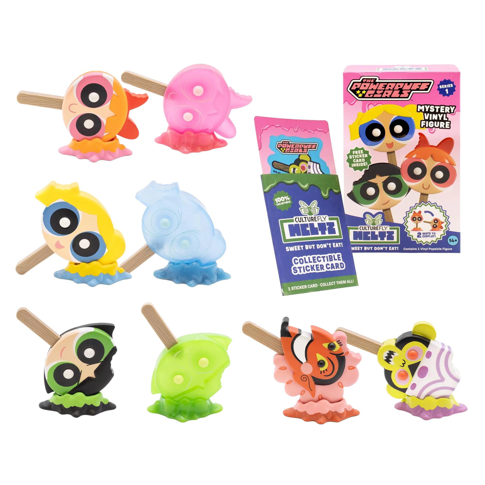 THE POWERPUFF GIRLS SERIES 1 MYSTERY VINYL FIGURE  
FREE STICKER CARD INSIDE!  
100% CULTUREFLY MELYZ CULTUREFLY VATI MEL4Z DISPLET) 14+ BUT DON'T EAT! SWEET WEET BUT DON'T EAT!  
Contains: Vinyl Popsicle Figure COLLECTIBLE CARD STICKER THEM ALL! CARD COLLECT 1 STICKER