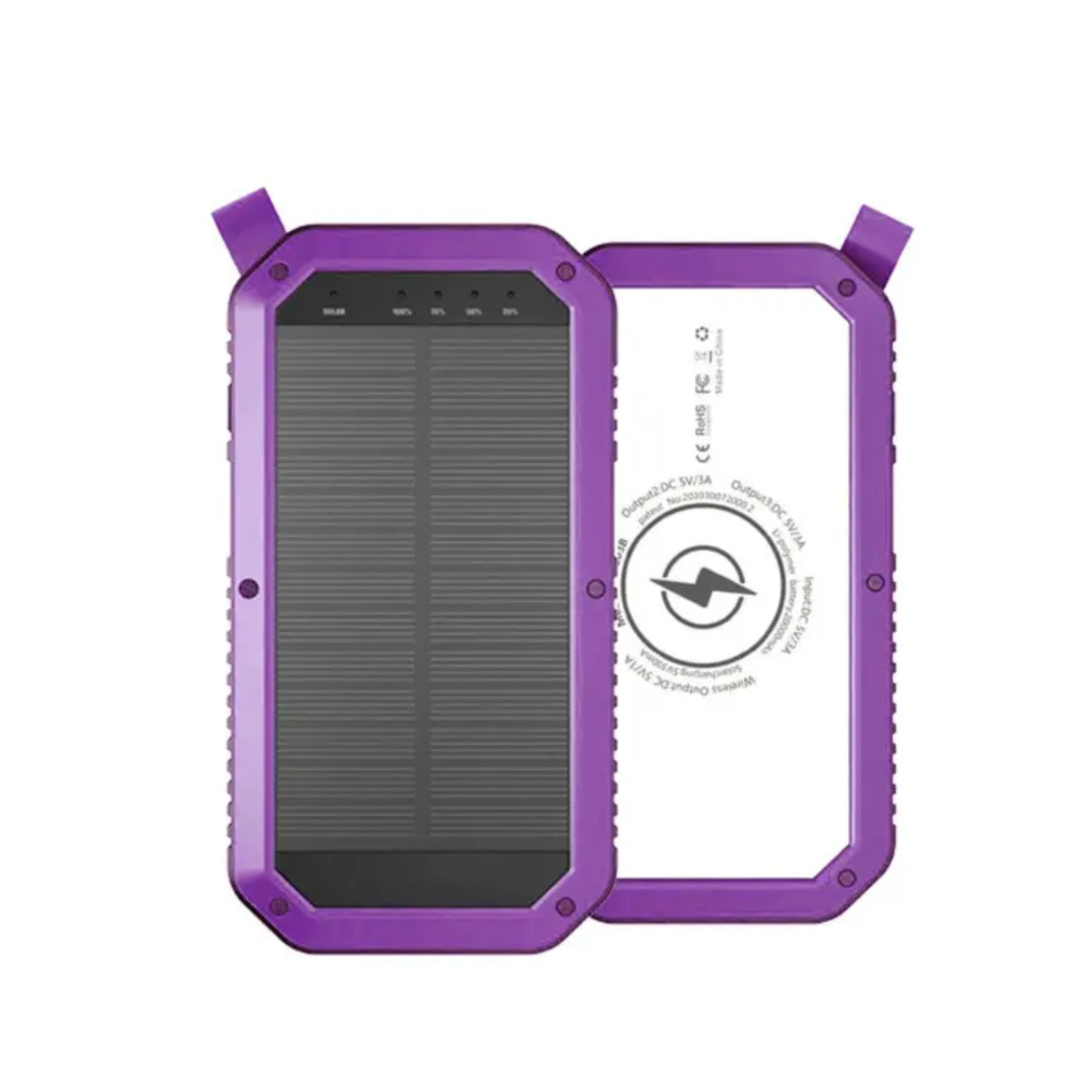Kitcheniva - Mini Solar Power Bank 10,000mAh Wireless Charging With LED Flood Light - Purple