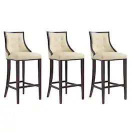 Manhattan Comfort - Fifth Avenue Traditional Wood Upholstered Barstool - Set of 3 - Cream