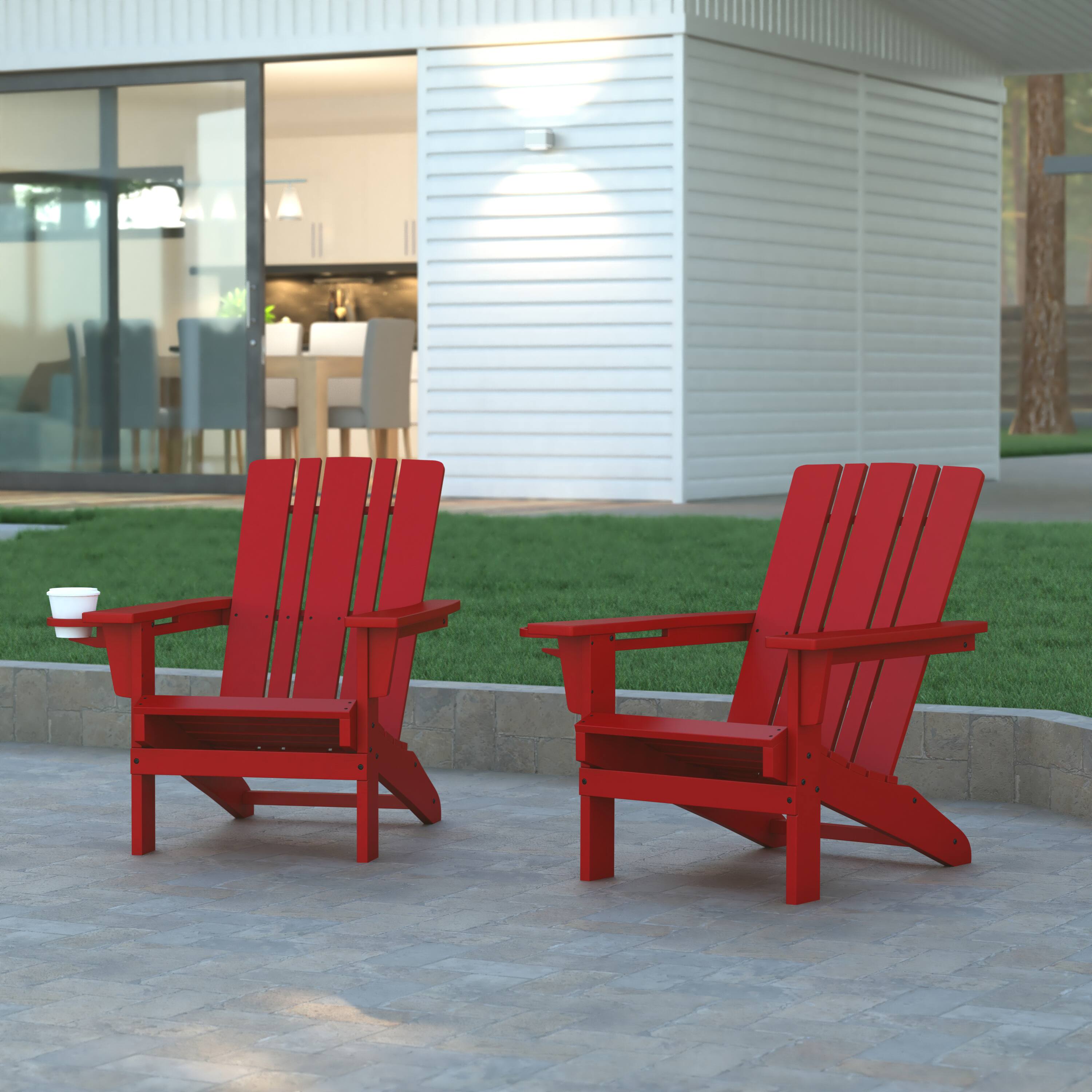 Alt View 2. Emma + Oliver - Haley Set of 2 Adirondack Chairs with Cup Holders, Weather Resistant HDPE Adirondack Chairs - Red.